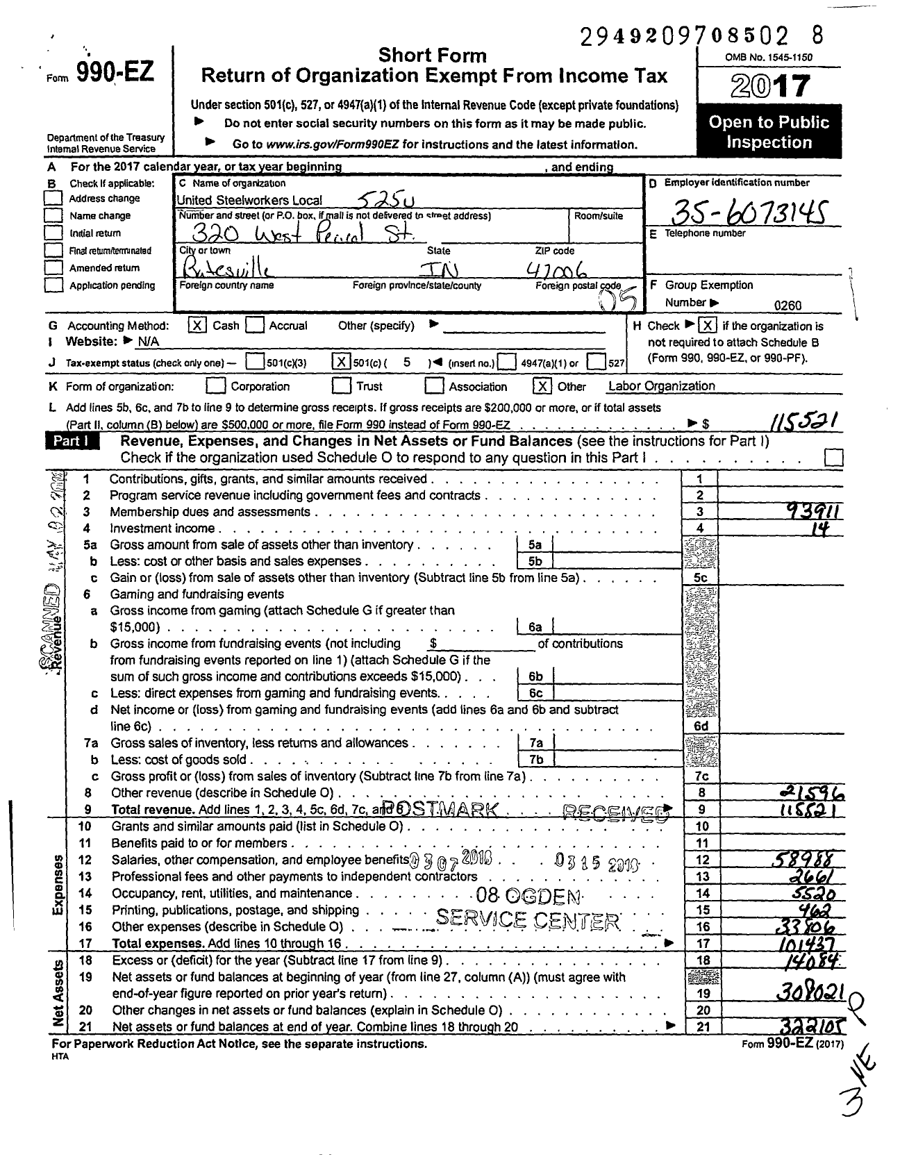 Image of first page of 2017 Form 990EO for United Steelworkers - 525u Local