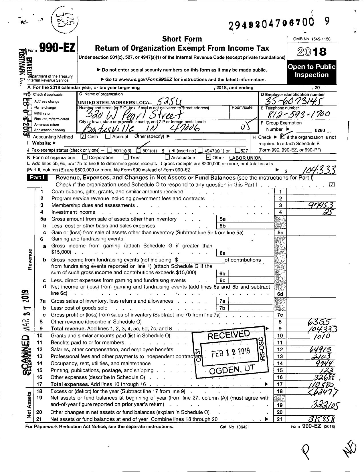 Image of first page of 2018 Form 990EO for United Steelworkers - 525u Local