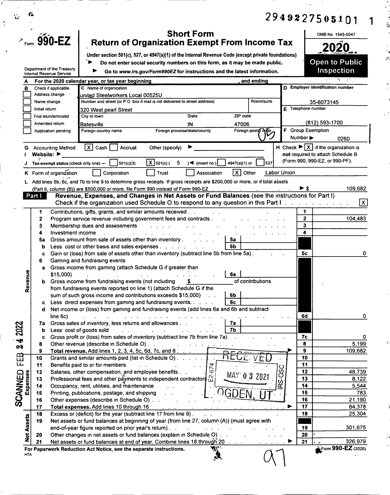 Image of first page of 2020 Form 990EO for United Steelworkers - 525u Local