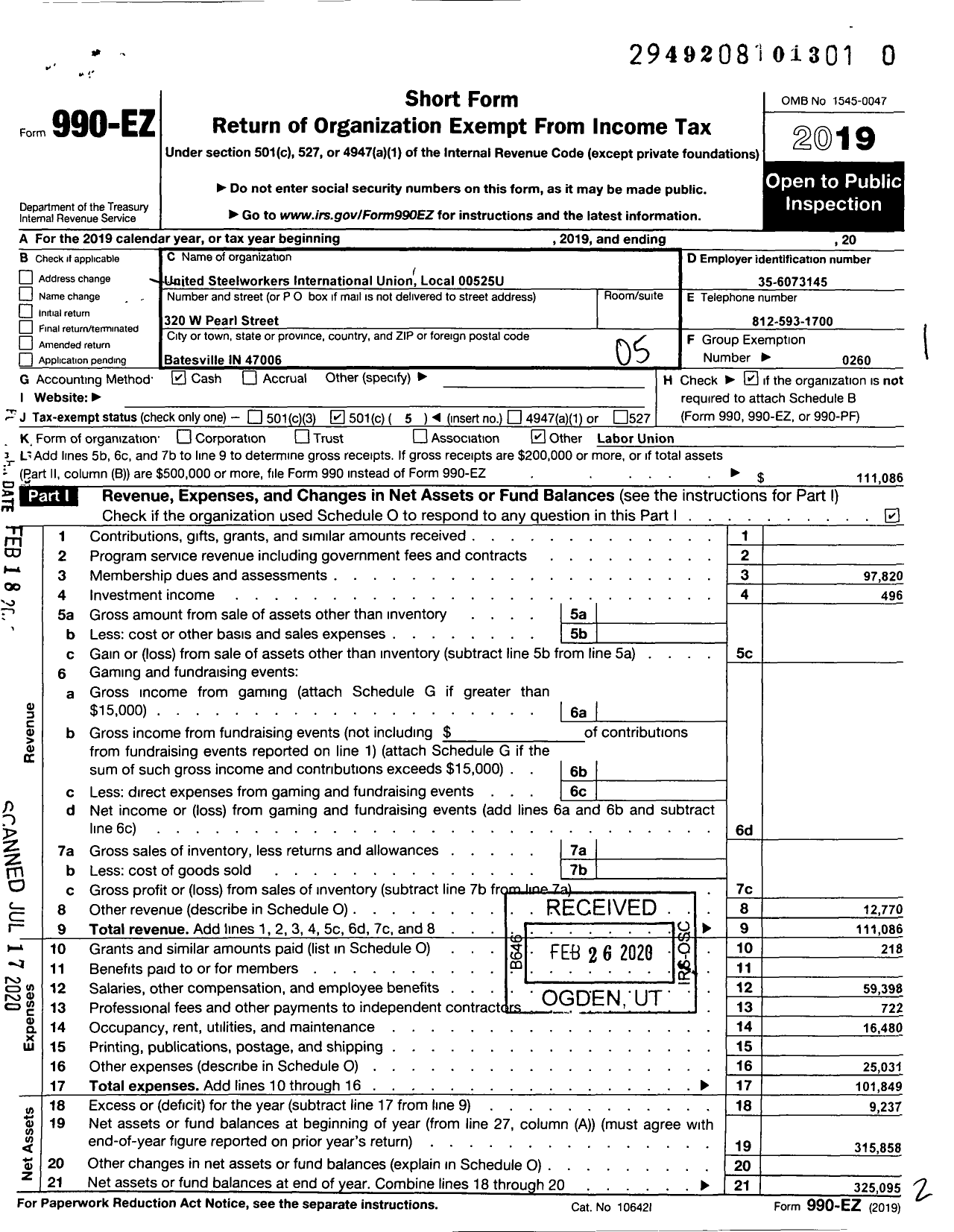 Image of first page of 2019 Form 990EO for United Steelworkers - 525u Local