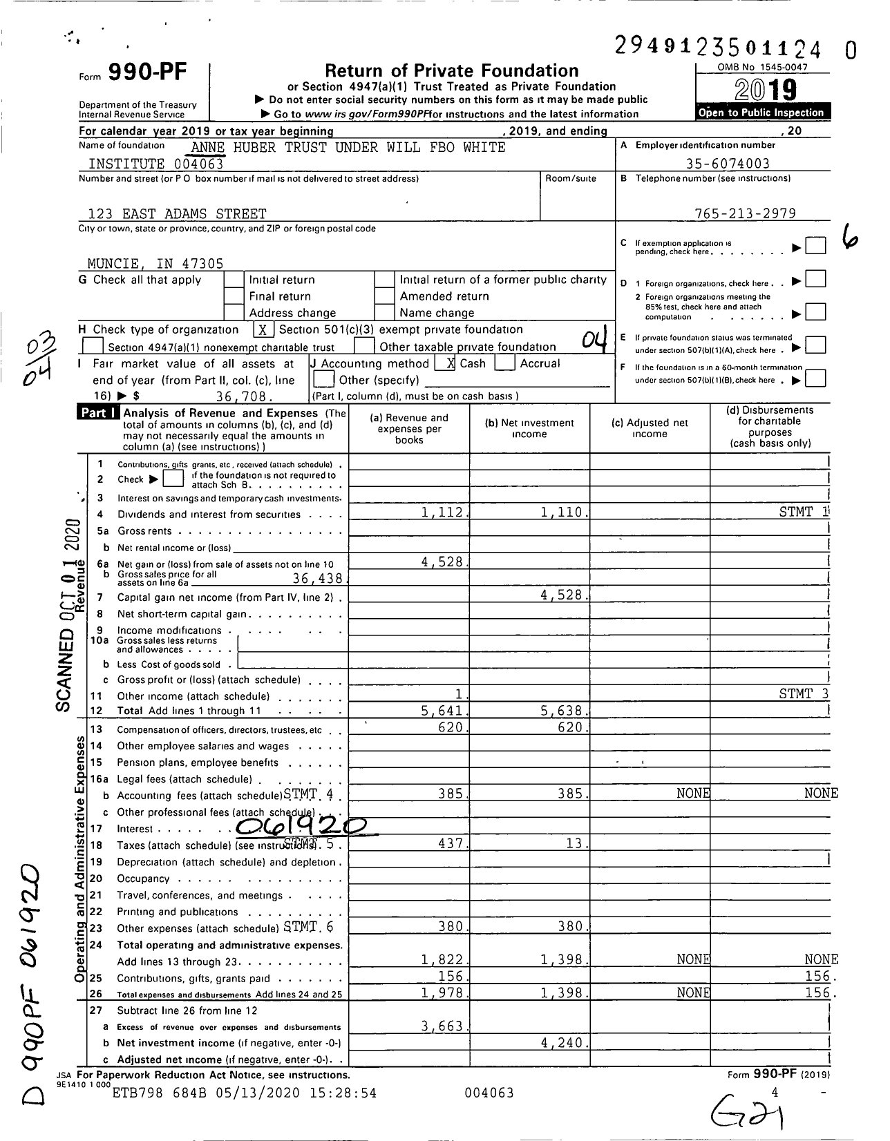 Image of first page of 2019 Form 990PR for Anne Huber Trust Under Will