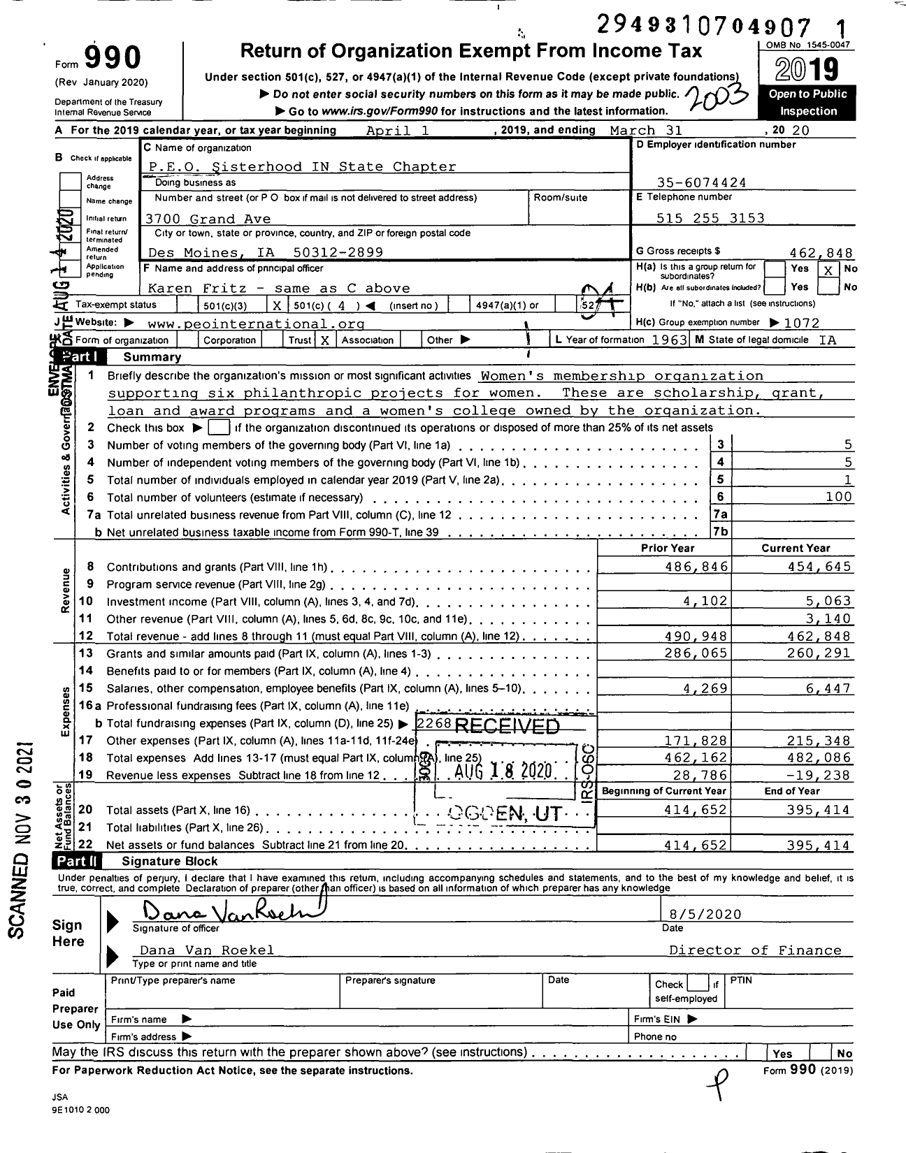 Image of first page of 2019 Form 990O for PEO Sisterhood International - IN State Chapter