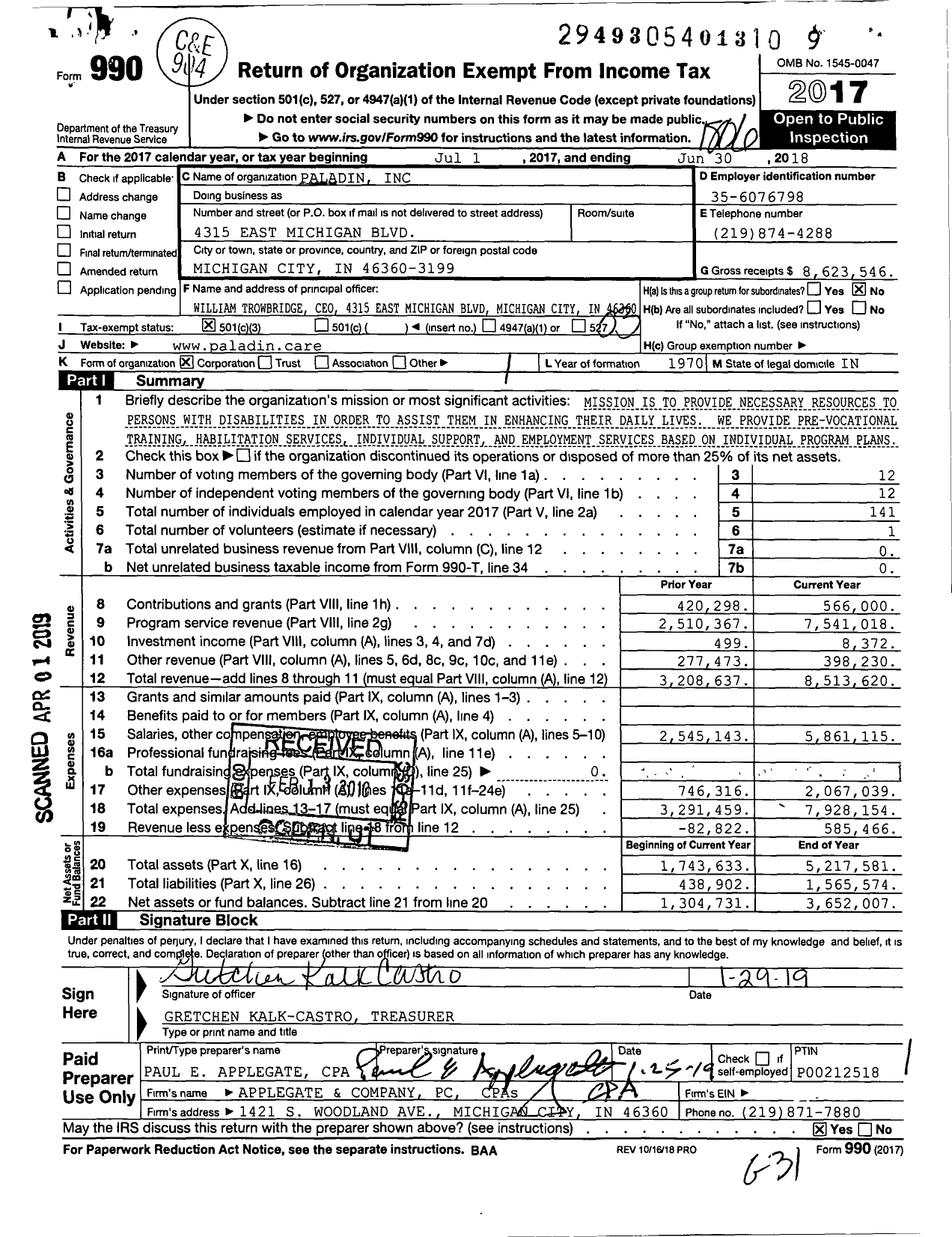 Image of first page of 2017 Form 990 for Paladin