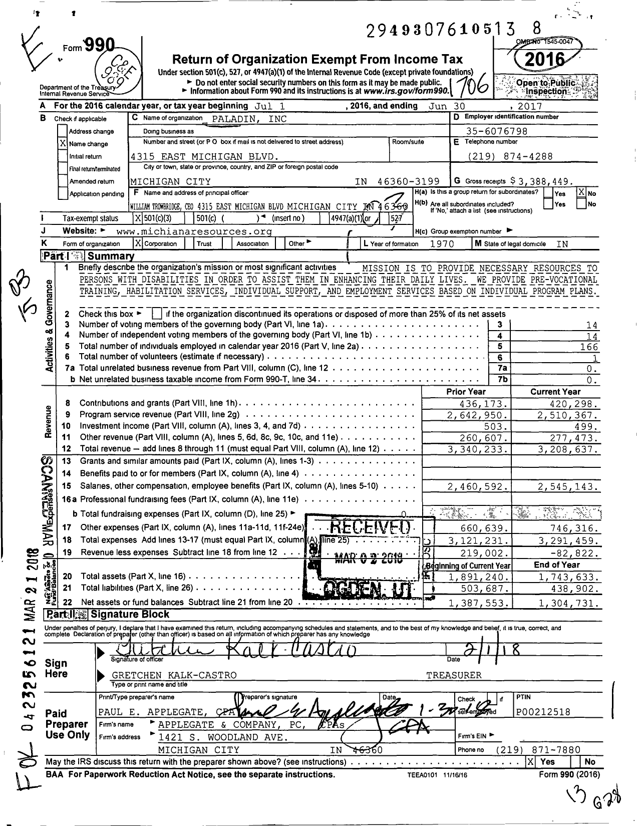 Image of first page of 2016 Form 990 for Paladin