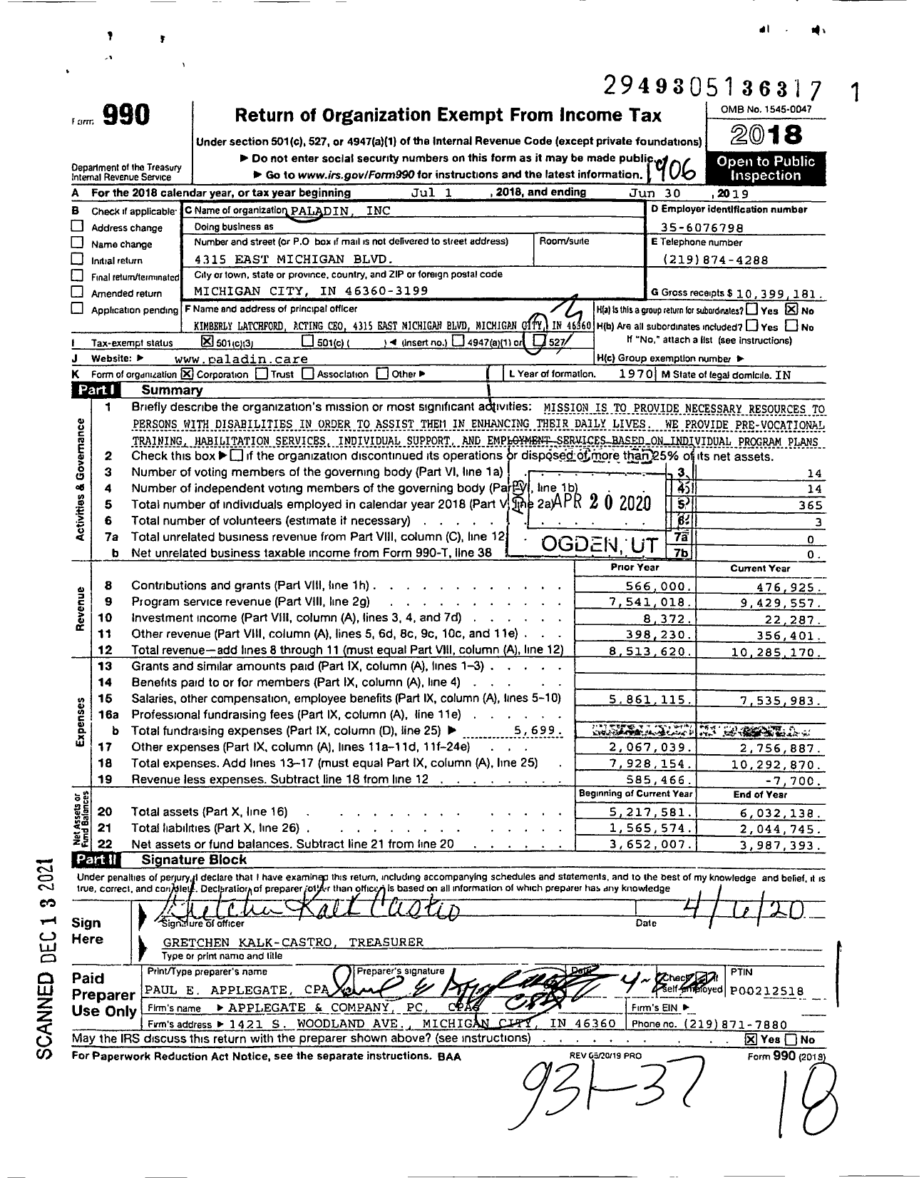 Image of first page of 2018 Form 990 for Paladin