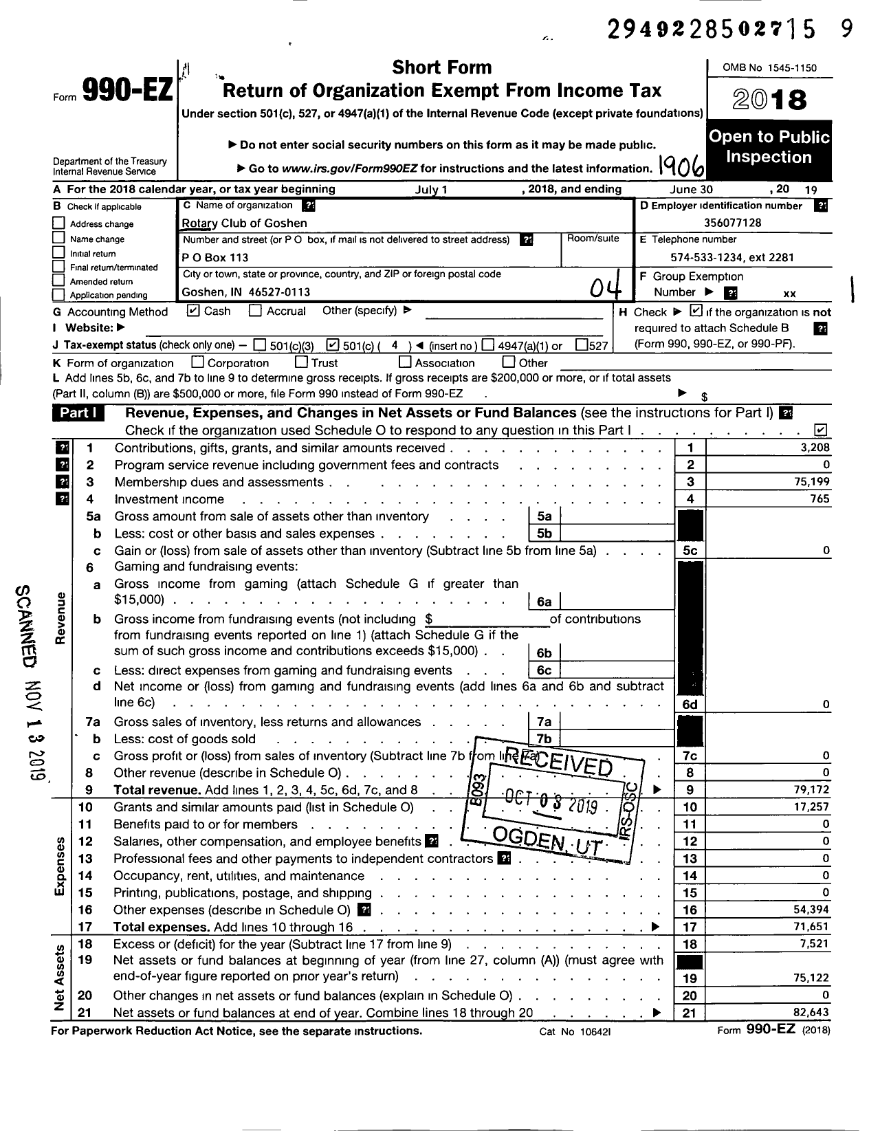 Image of first page of 2018 Form 990EO for Rotary International - Goshen Rotary Club