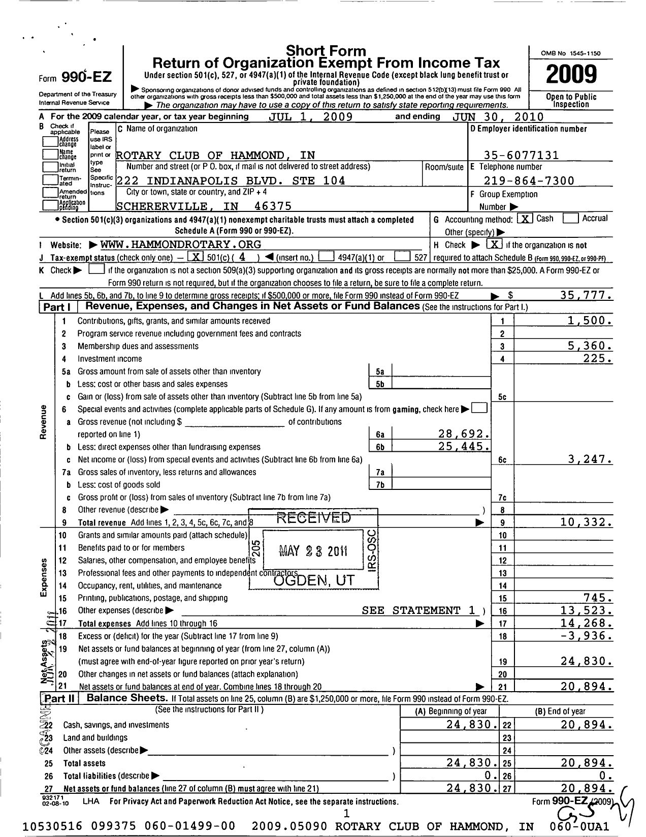 Image of first page of 2009 Form 990EO for Rotary International - Hammond Rotary Club