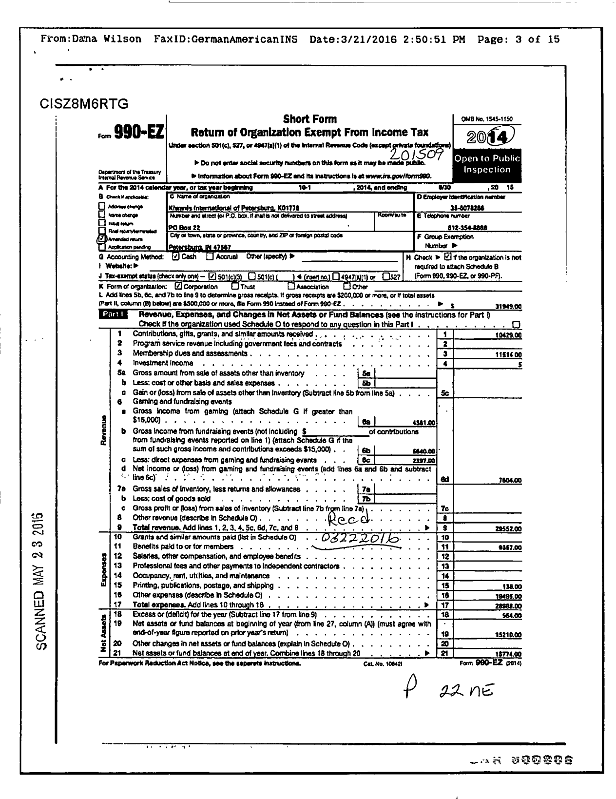 Image of first page of 2014 Form 990EZ for Kiwanis International - K01778 Petersburg