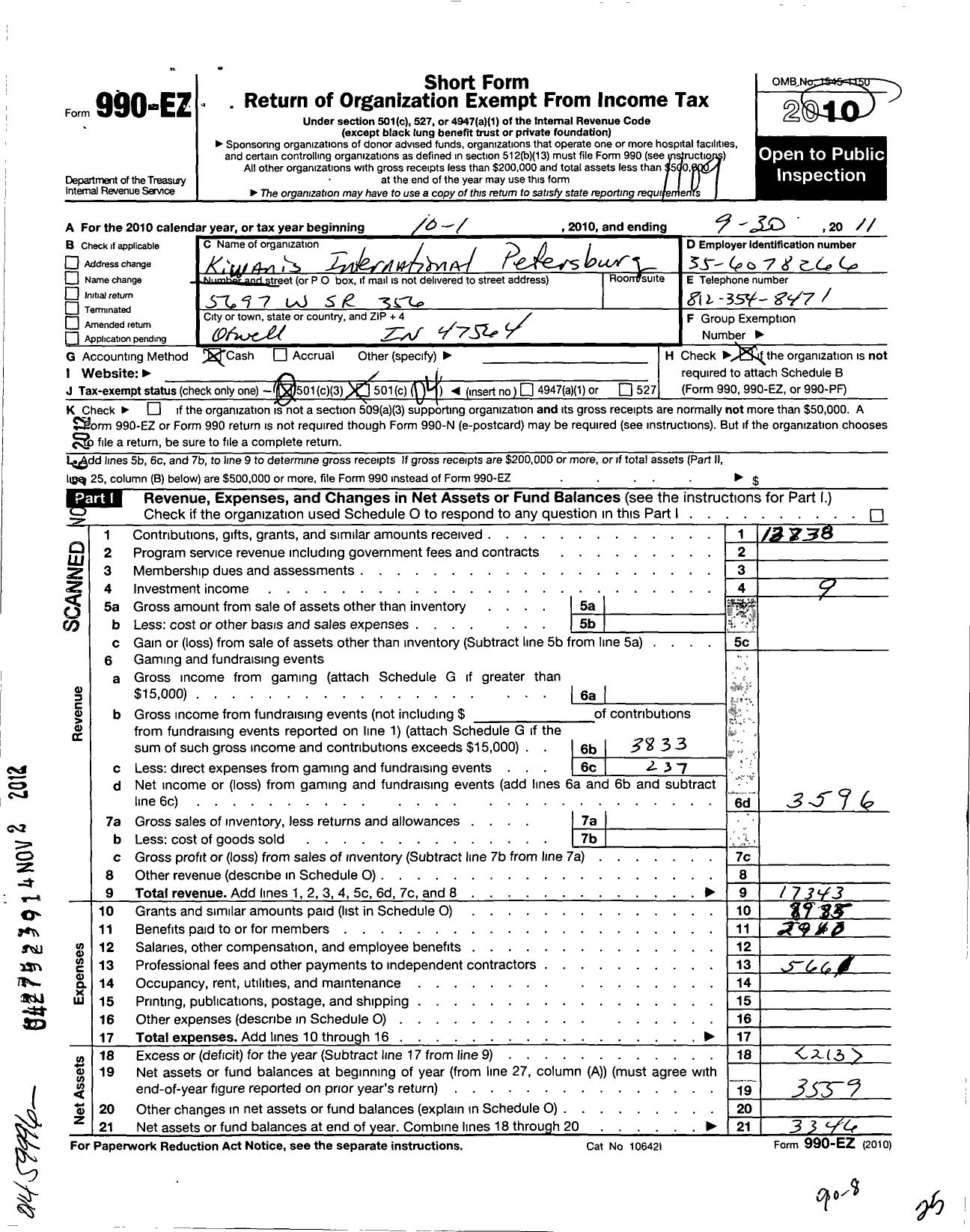 Image of first page of 2010 Form 990EO for Kiwanis International - K01778 Petersburg