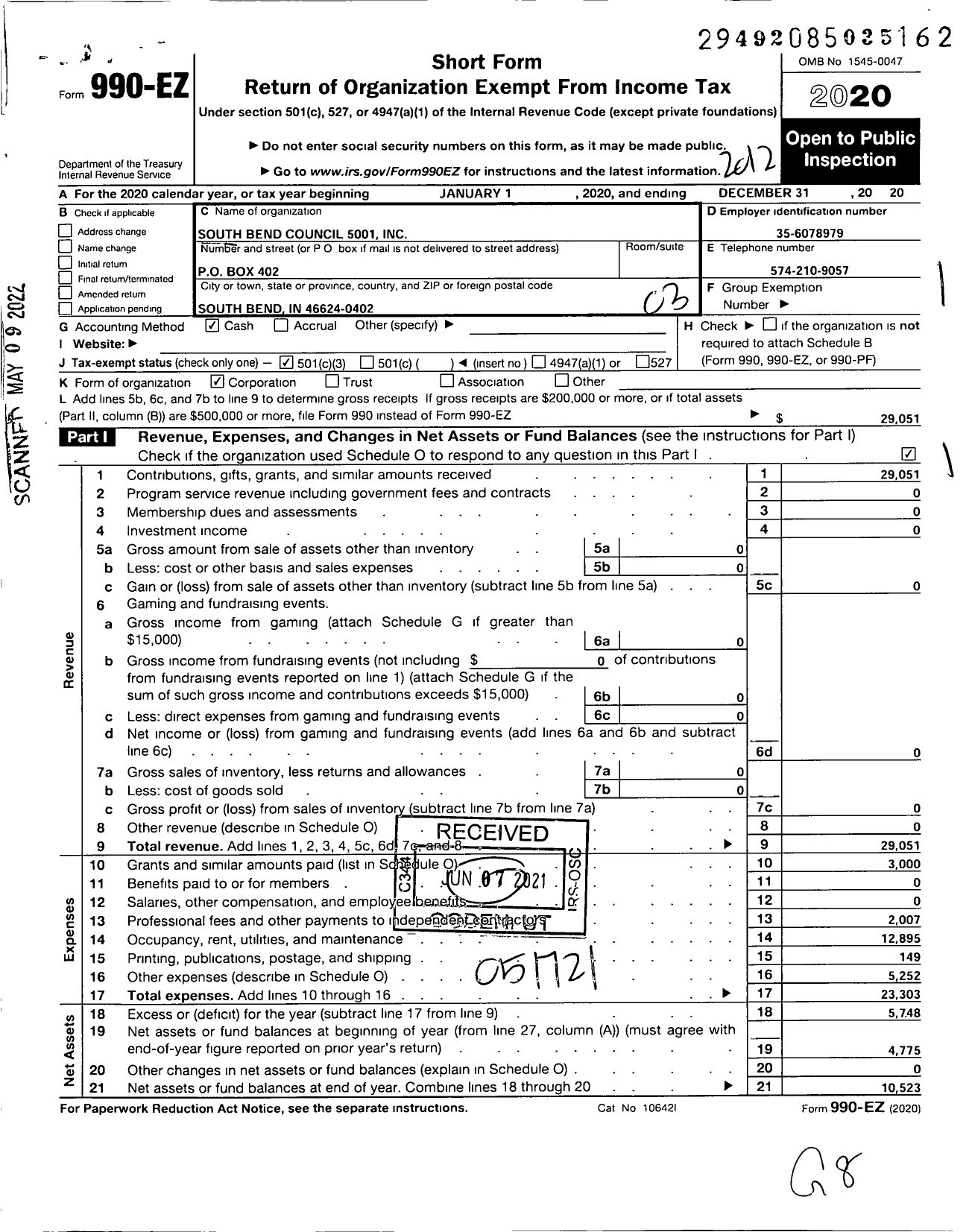 Image of first page of 2020 Form 990EZ for South Bend Council 5001