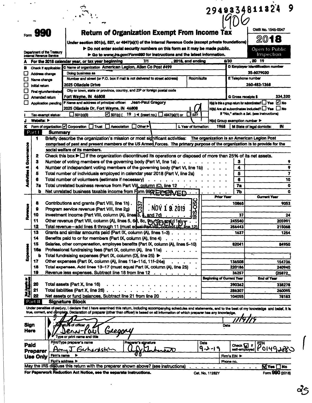 Image of first page of 2018 Form 990O for American Legion - Allen County Post 499