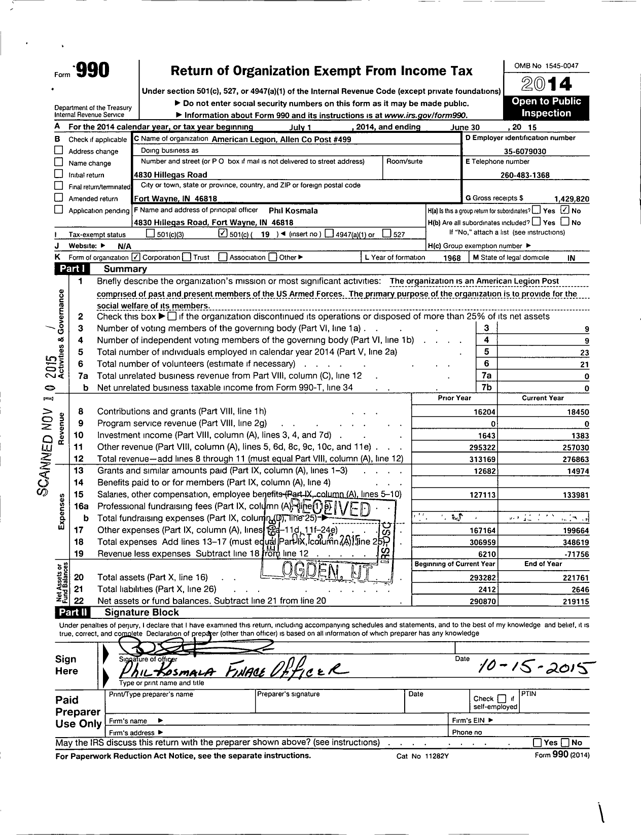 Image of first page of 2014 Form 990O for American Legion - Allen County Post 499