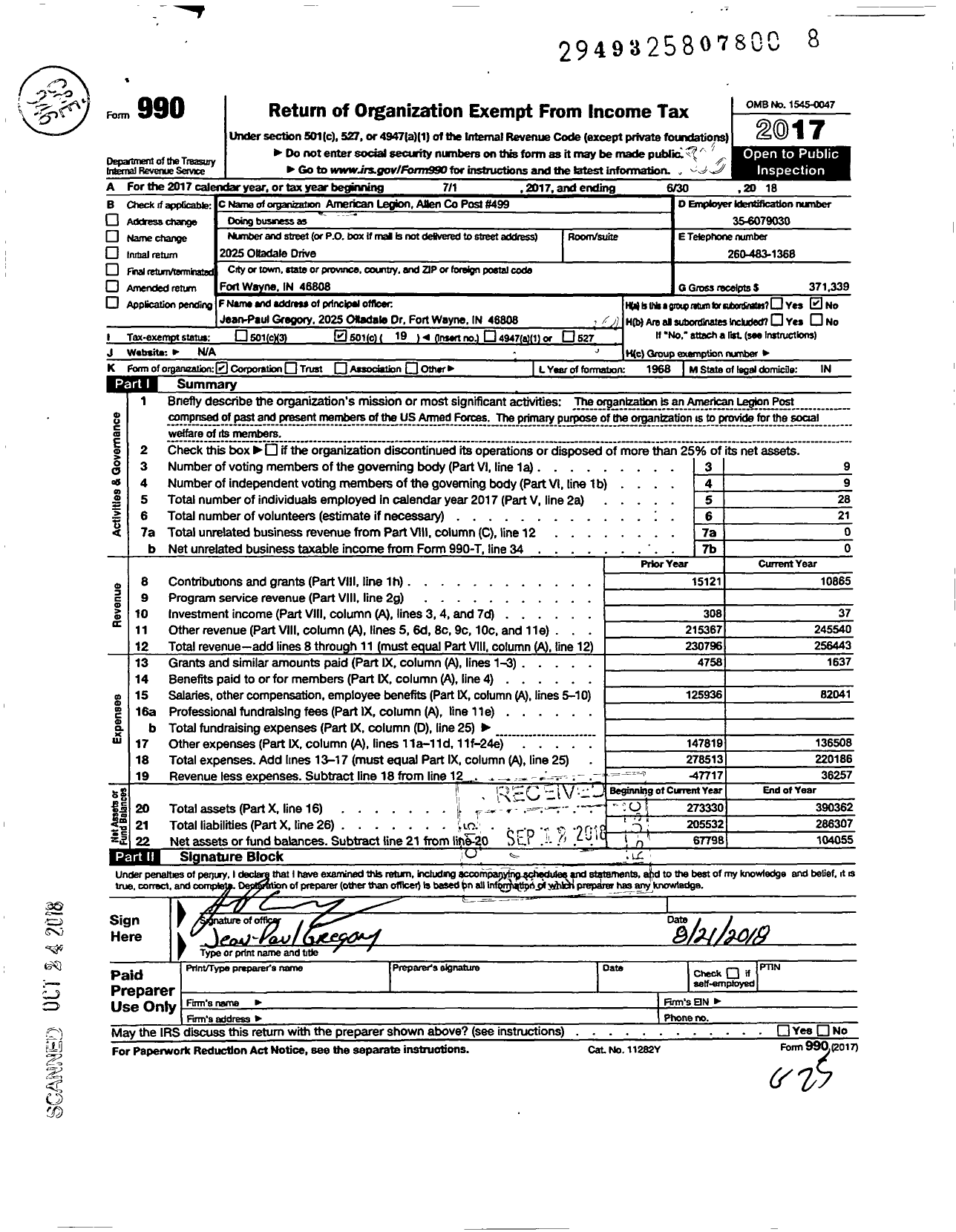 Image of first page of 2017 Form 990O for American Legion - Allen County Post 499