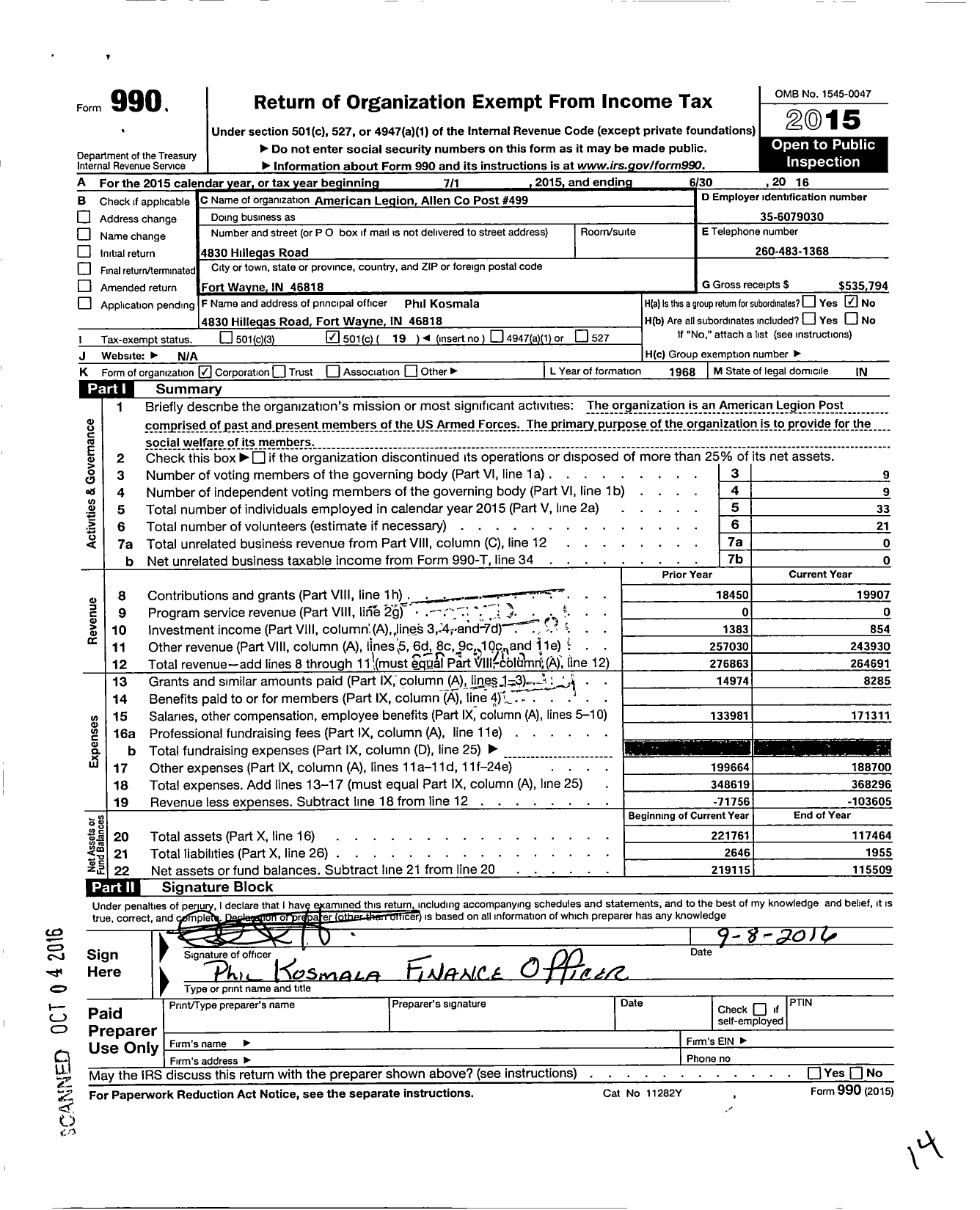 Image of first page of 2015 Form 990O for American Legion - Allen County Post 499