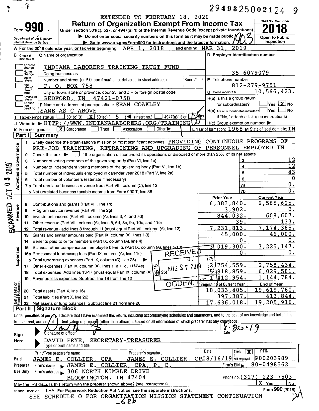Image of first page of 2018 Form 990O for Indiana Laborers Training Trust Fund
