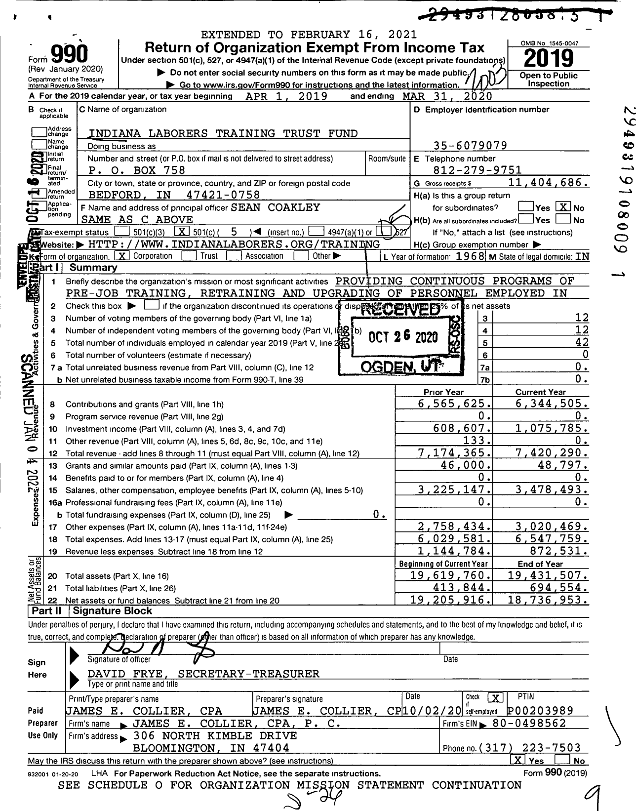 Image of first page of 2019 Form 990O for Indiana Laborers Training Trust Fund