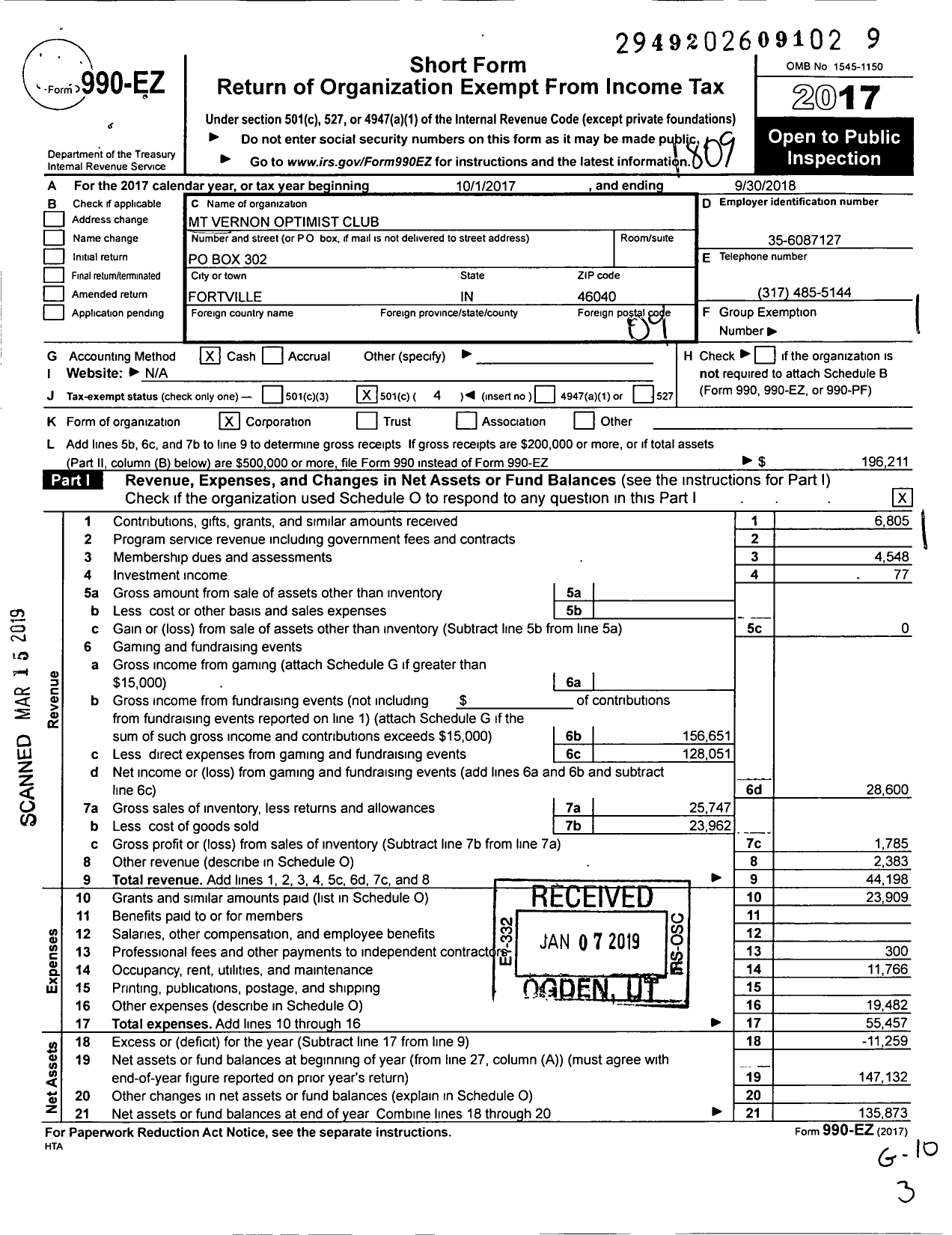 Image of first page of 2017 Form 990EO for Optimist International - 04212 MT Vernon Optimist Club