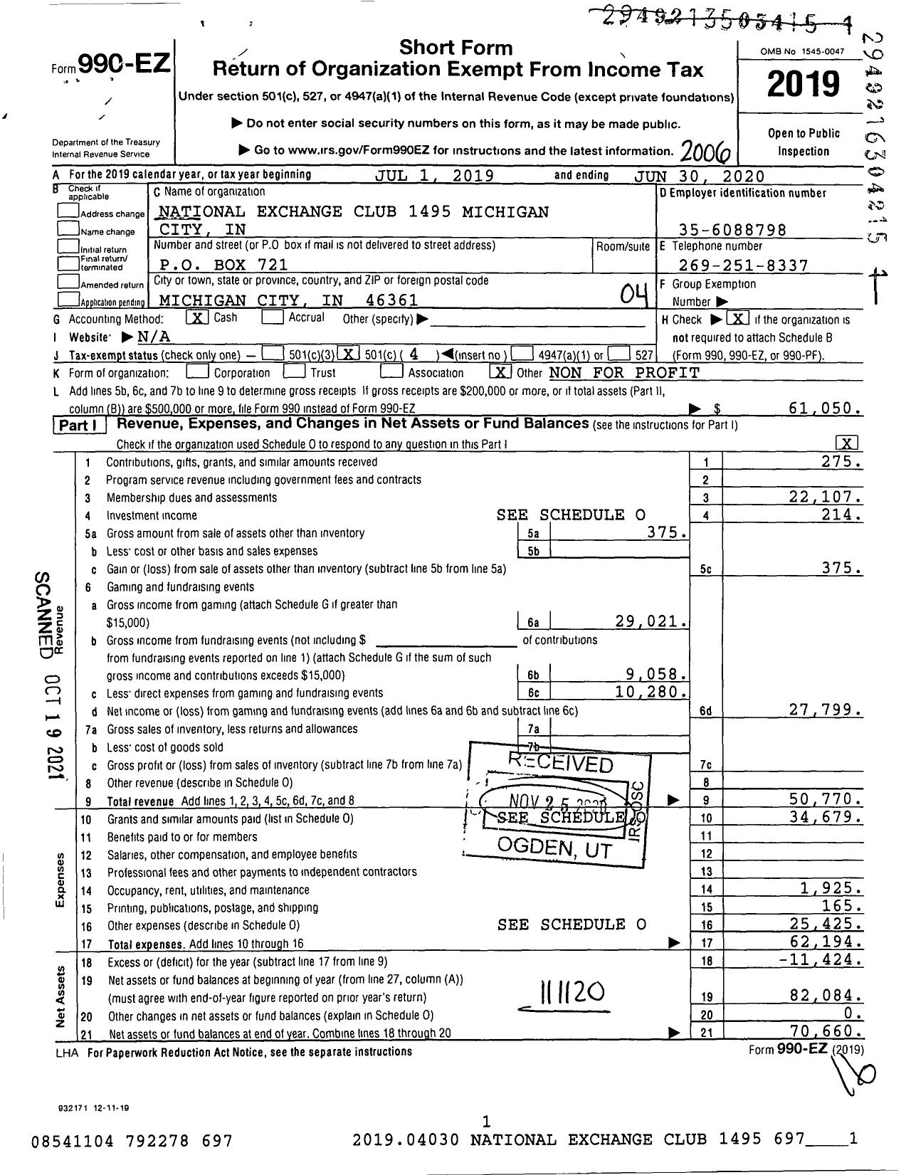 Image of first page of 2019 Form 990EO for National Exchange Club - 1495 Michigan City