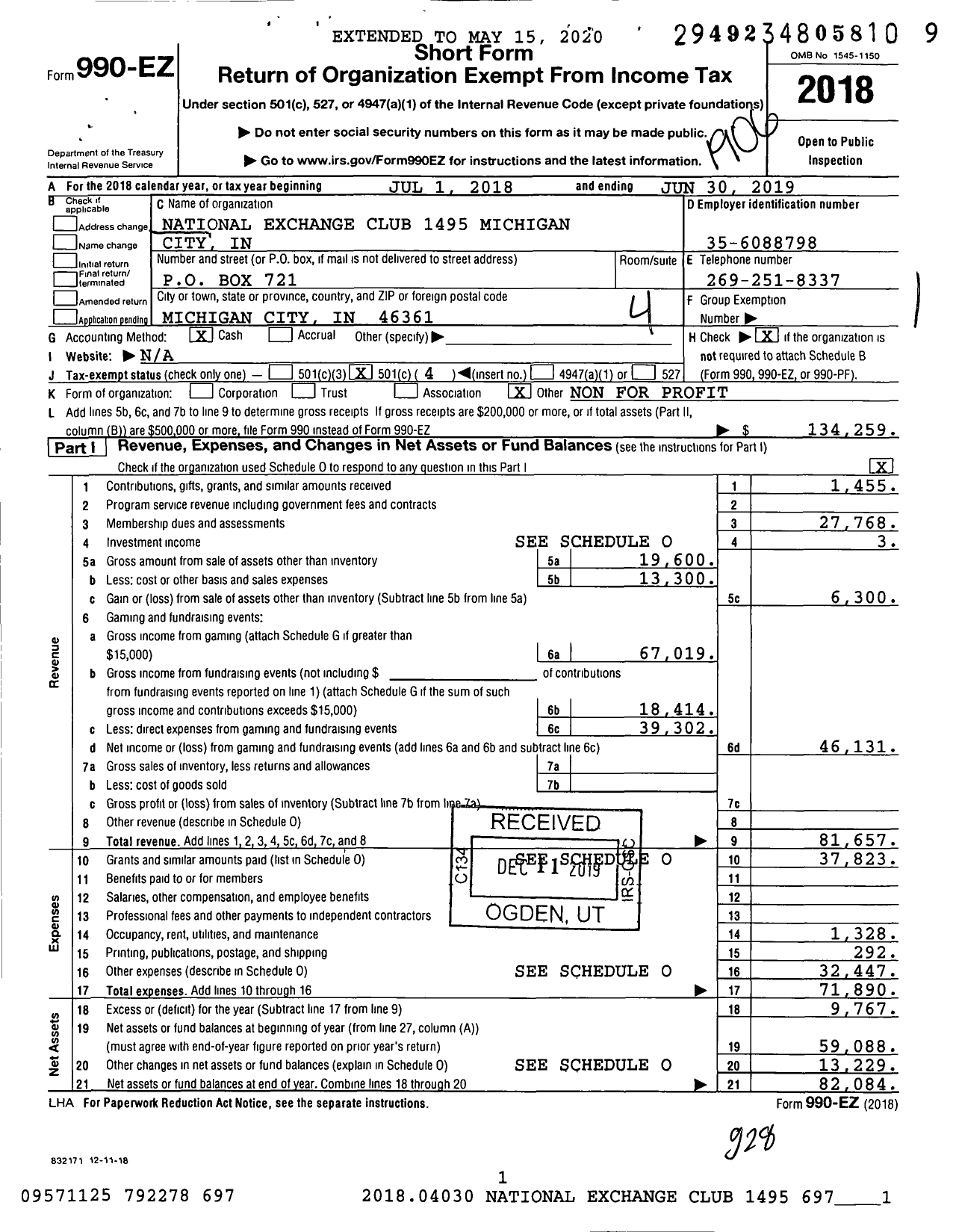 Image of first page of 2018 Form 990EO for National Exchange Club - 1495 Michigan City