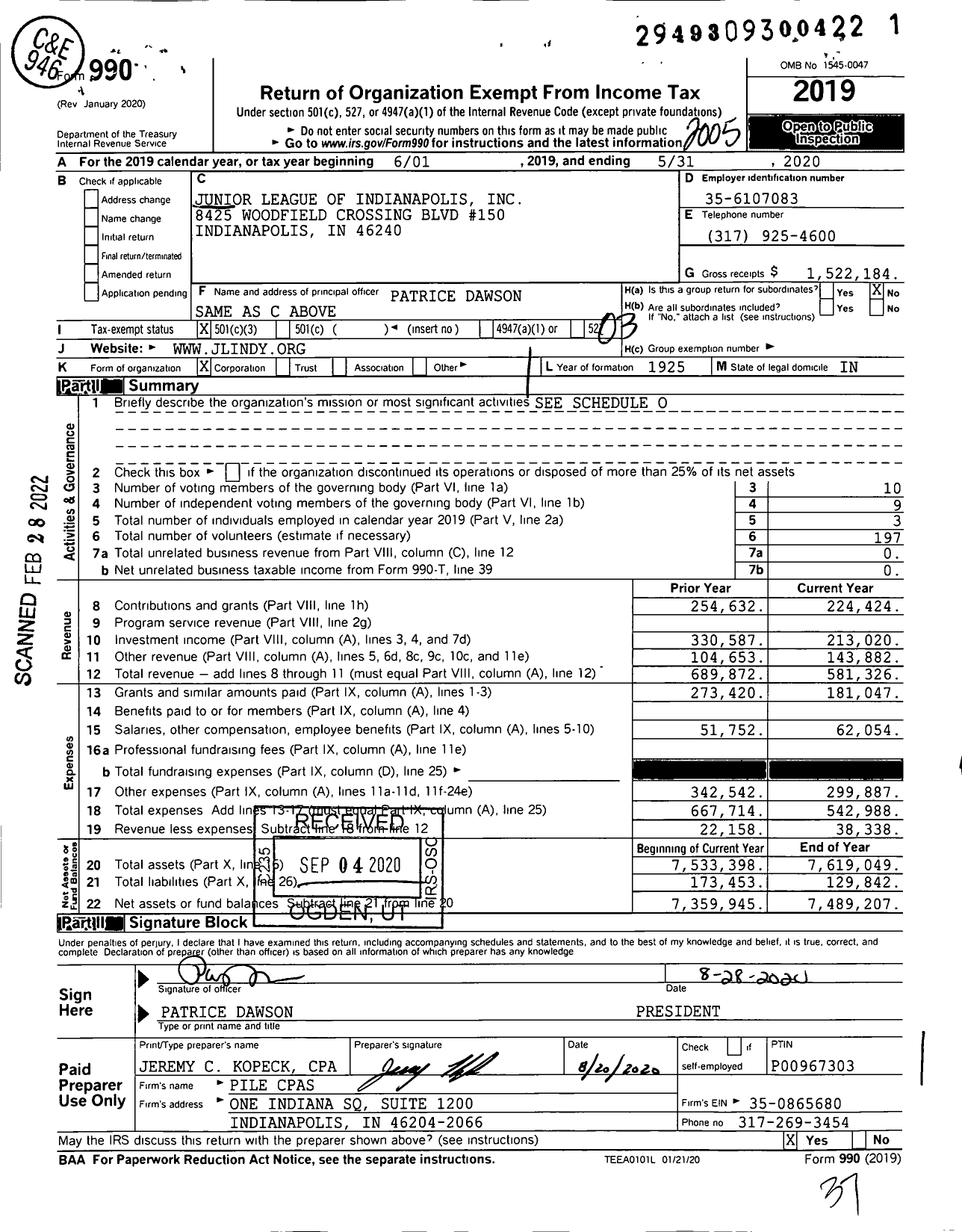 Image of first page of 2019 Form 990 for Junior League of Indianapolis