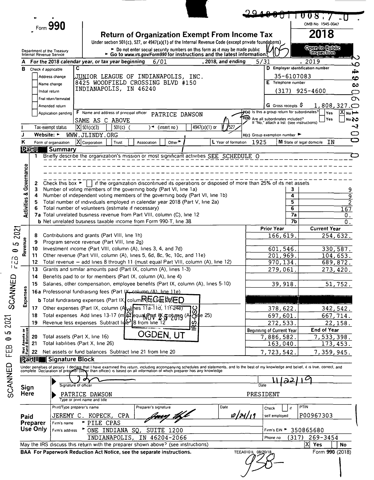 Image of first page of 2018 Form 990 for Junior League of Indianapolis