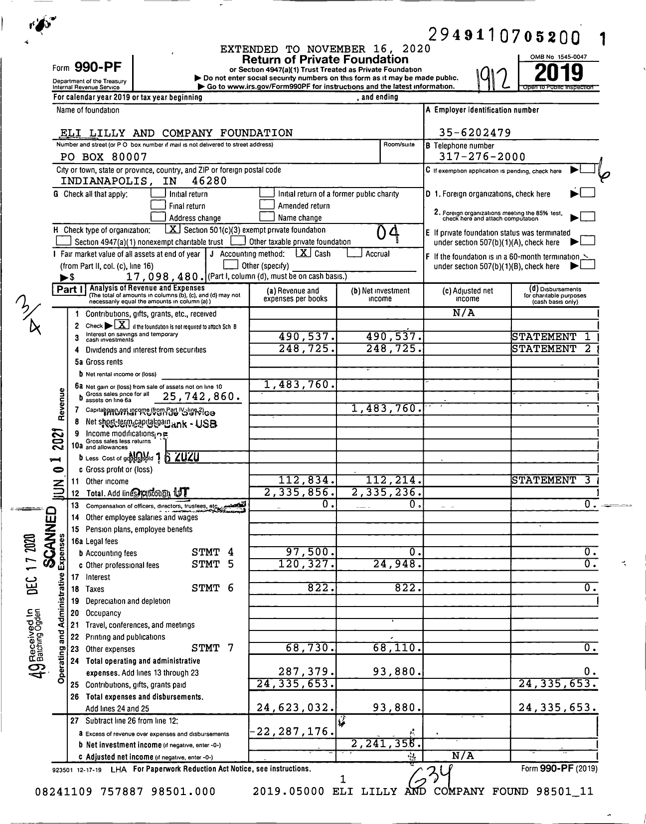 Image of first page of 2019 Form 990PF for Eli Lilly and Company Foundation