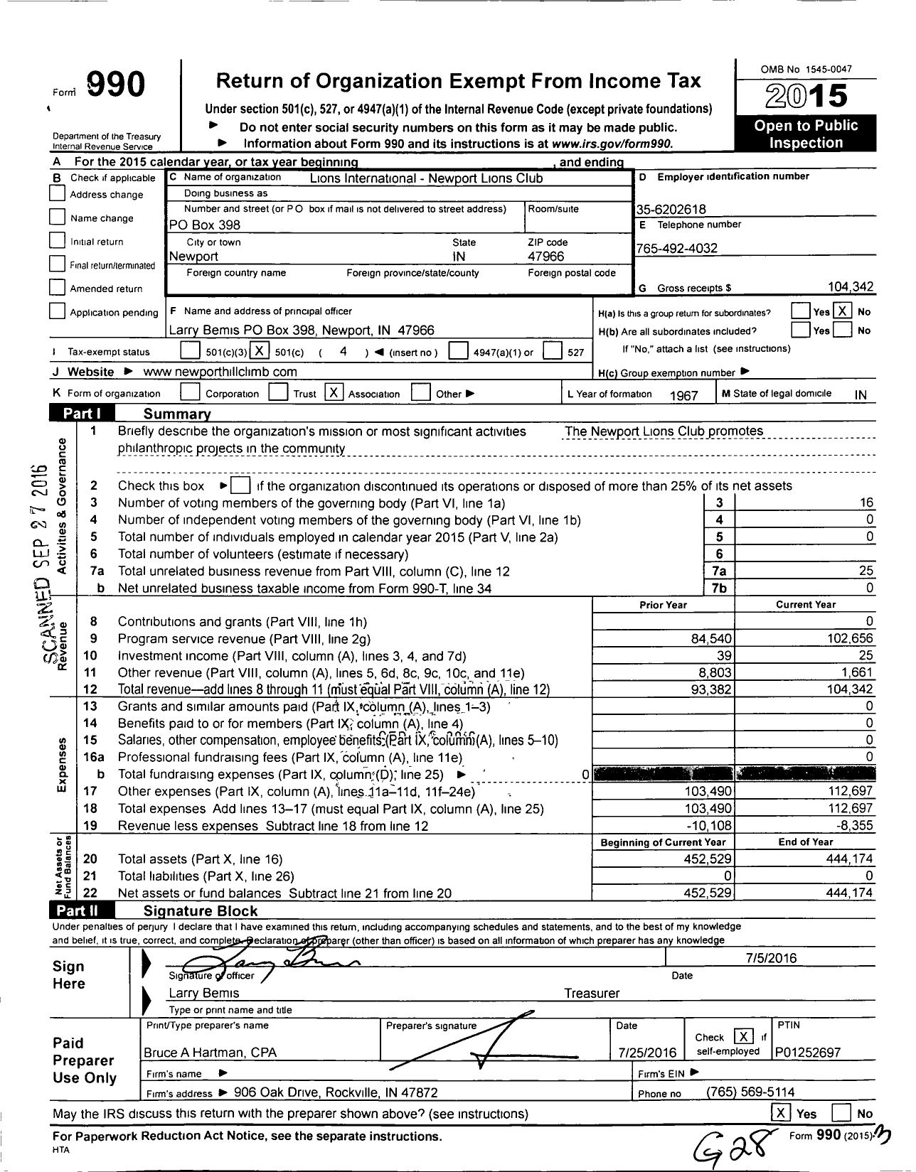 Image of first page of 2015 Form 990O for Lions Clubs - Newport