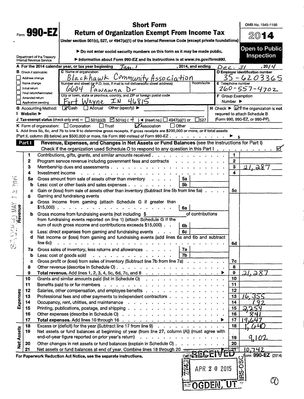 Image of first page of 2014 Form 990EO for Blackhawk Community Association