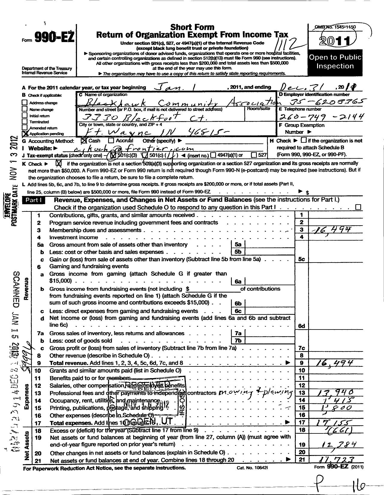 Image of first page of 2011 Form 990EO for Blackhawk Community Association