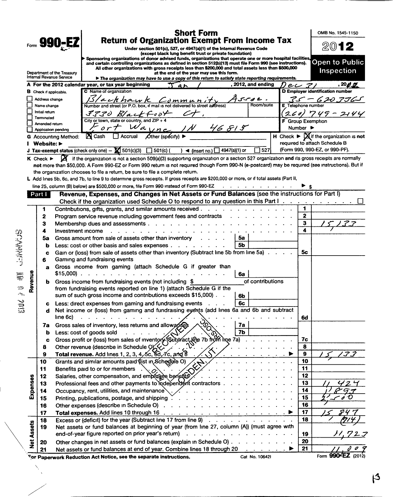 Image of first page of 2012 Form 990EZ for Blackhawk Community Association