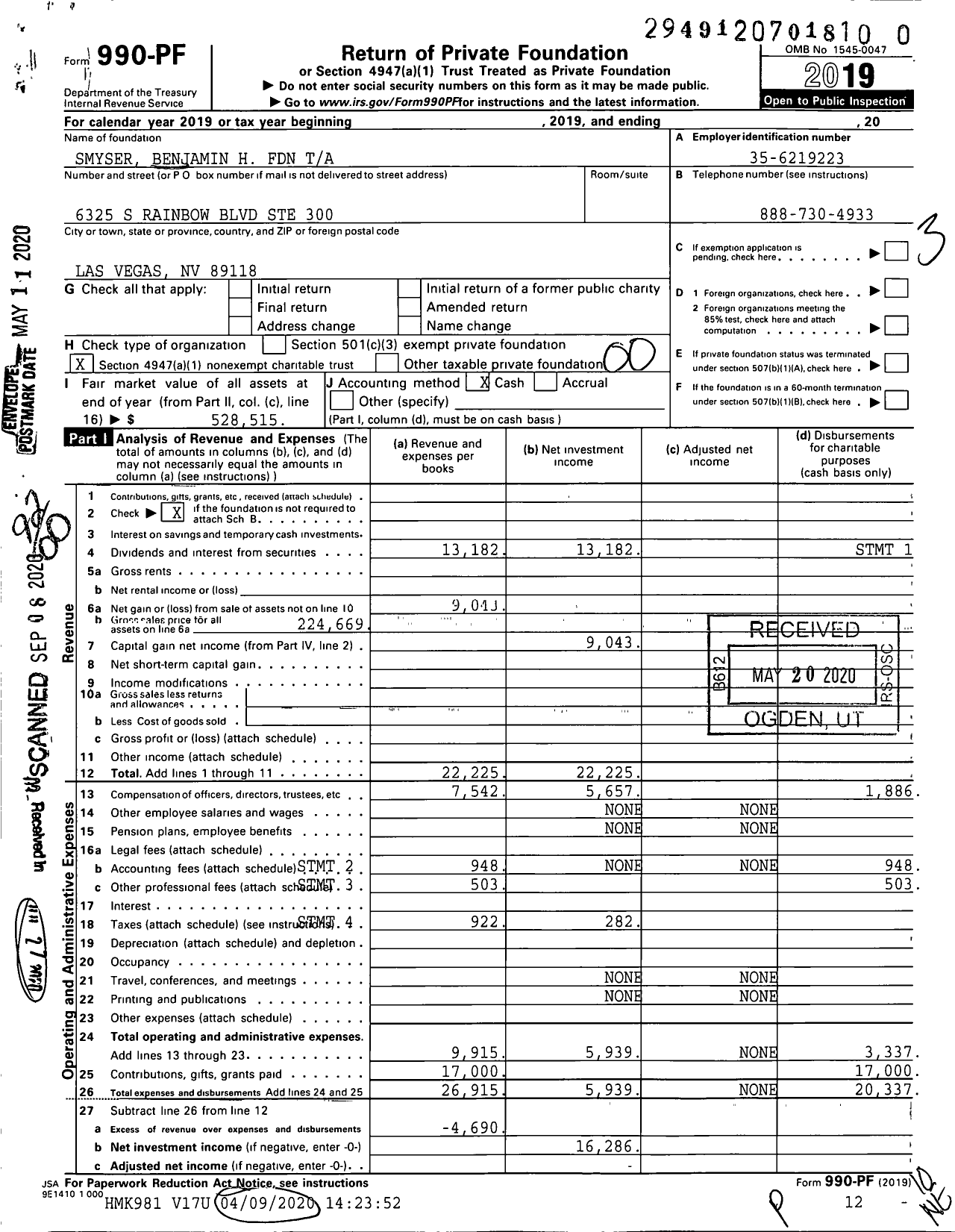 Image of first page of 2019 Form 990PR for Smyser Benjamin H Foundation Ta