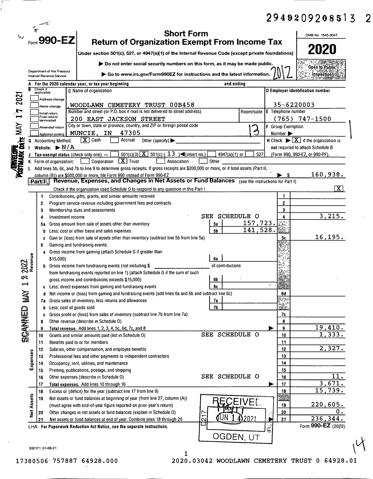 Image of first page of 2020 Form 990EO for Woodlawn Cemetery Trust 00b458