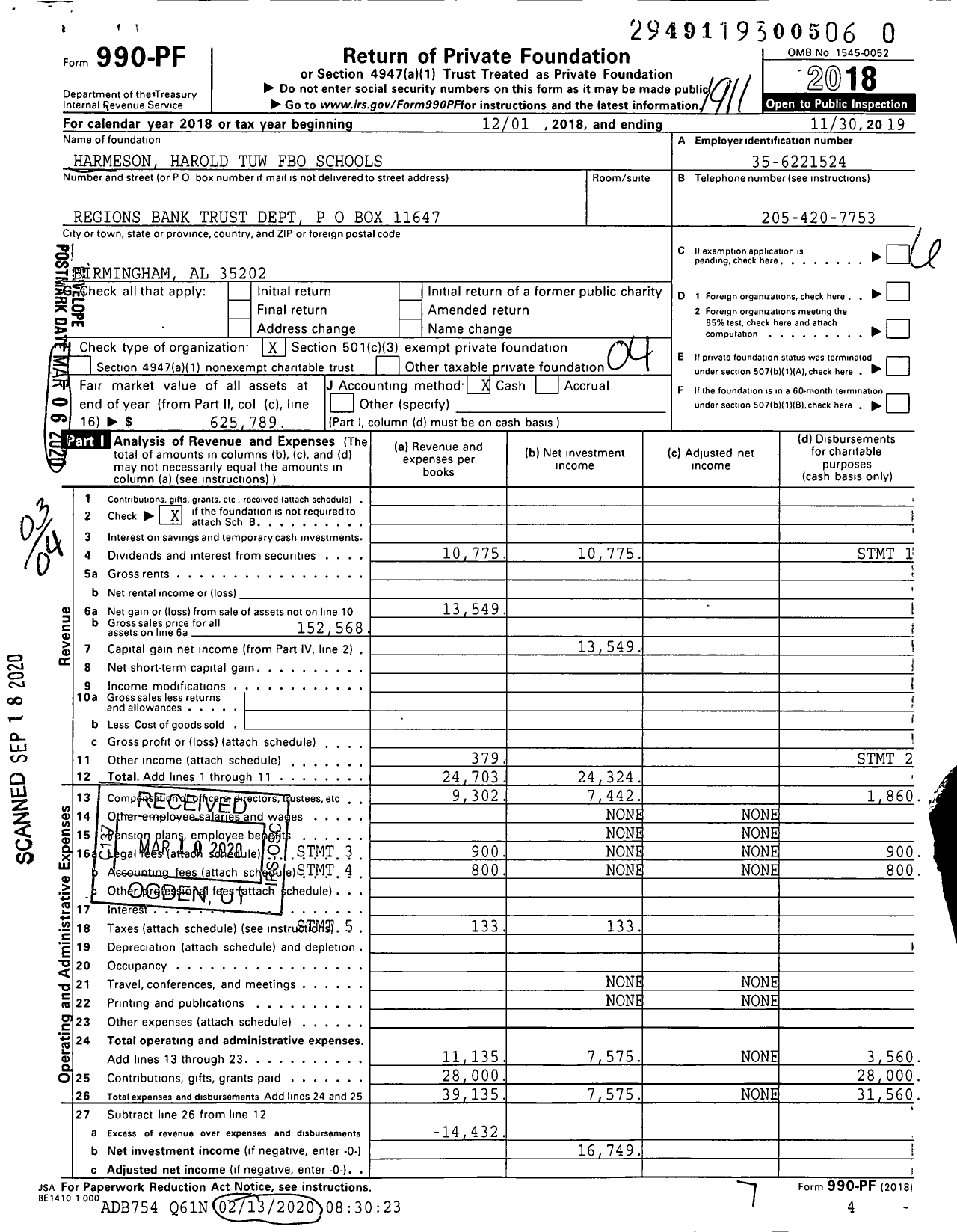 Image of first page of 2018 Form 990PR for Harmeson Harold Tuw Fbo Schools