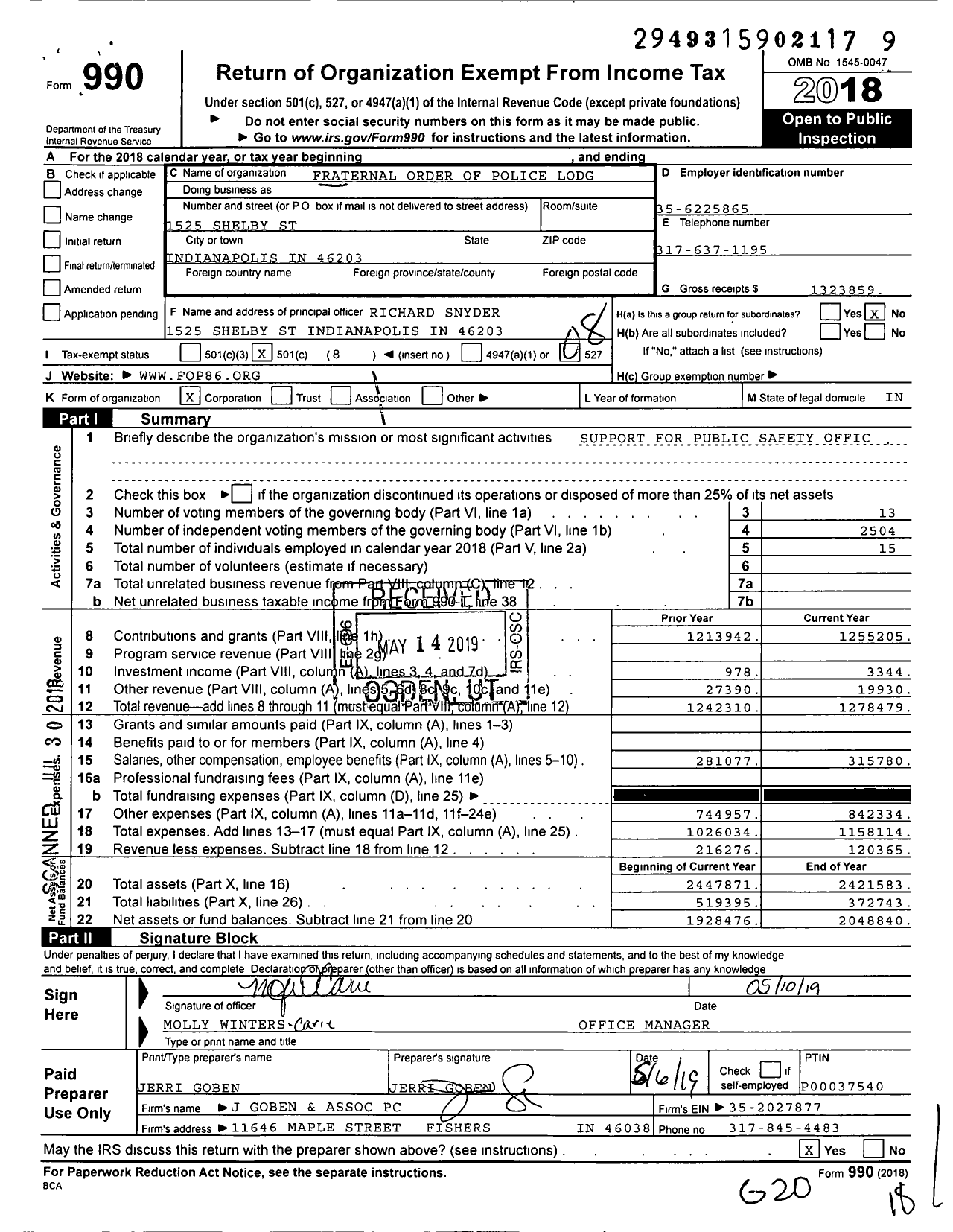 Image of first page of 2018 Form 990O for Fraternal Order of Police - 86 Indianapolis Lodge