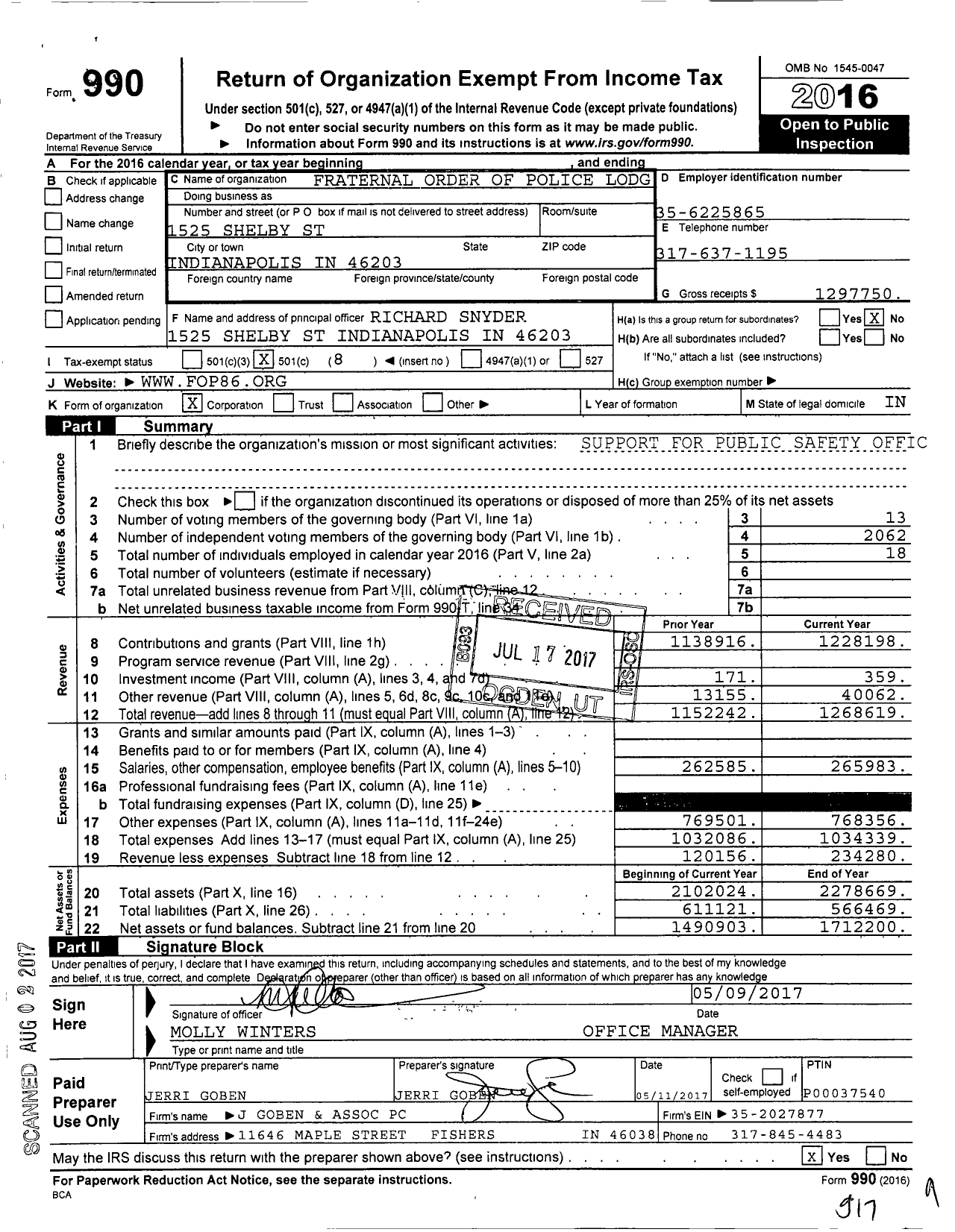 Image of first page of 2016 Form 990O for Fraternal Order of Police - 86 Indianapolis Lodge