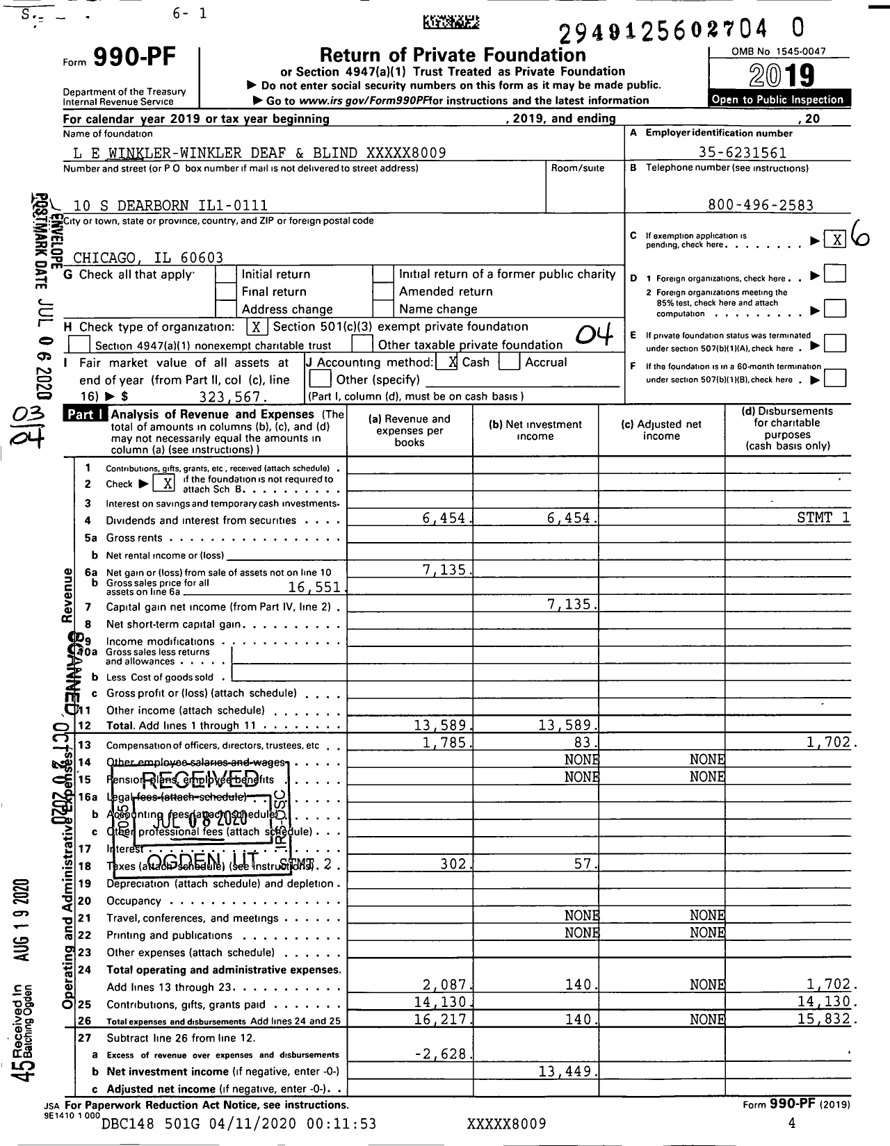 Image of first page of 2019 Form 990PR for L E Winkler-Winkler Deaf and Blind XXXXX8009