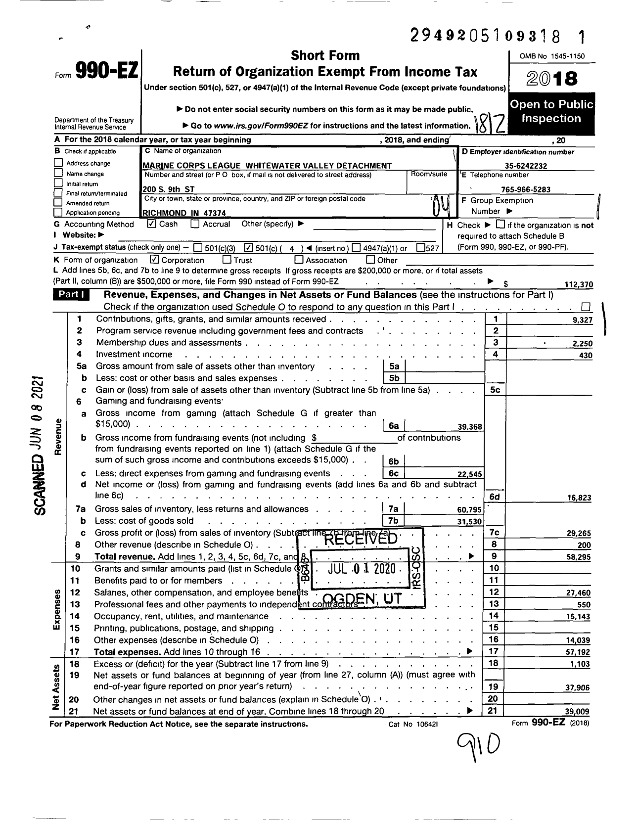 Image of first page of 2018 Form 990EO for Marine Corps League Whitewater Valley Detachment