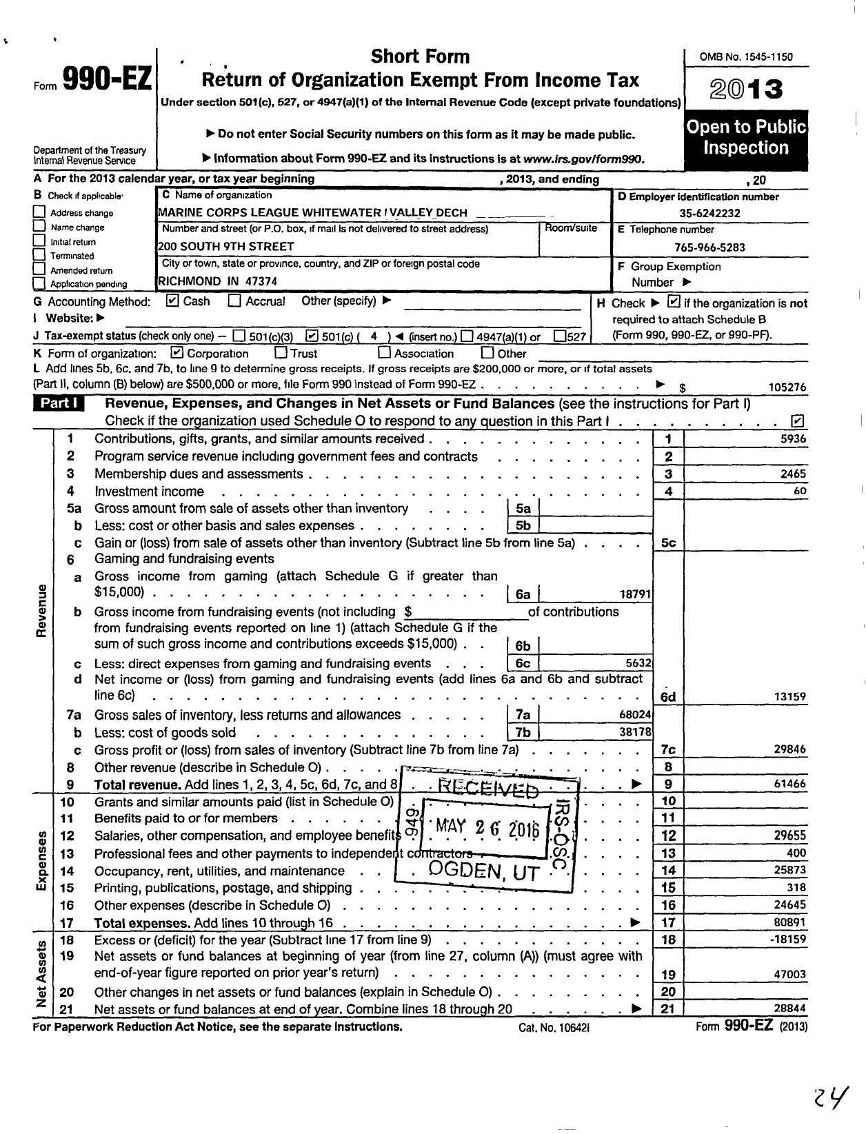 Image of first page of 2013 Form 990EO for Marine Corps League Whitewater Valley Detachment