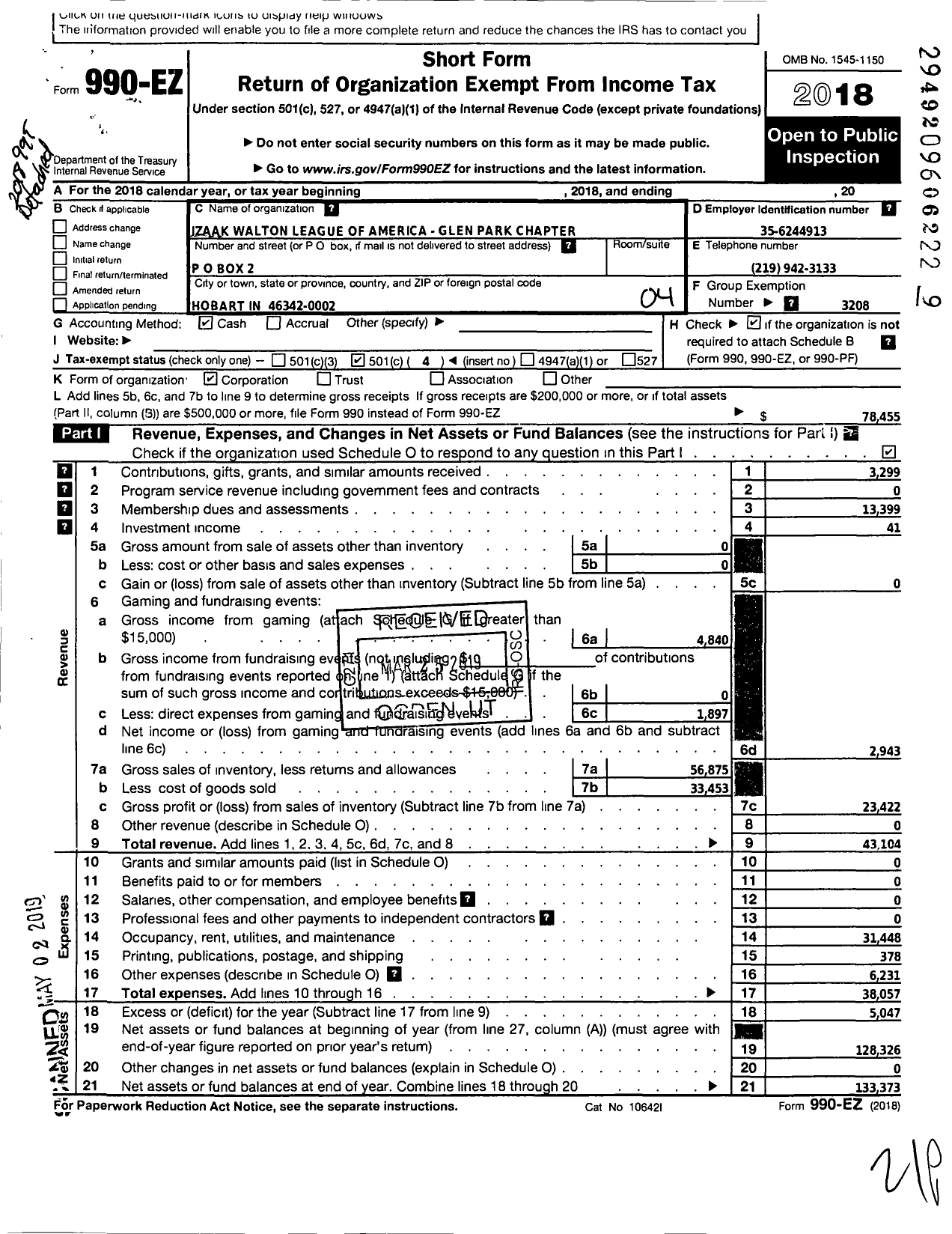 Image of first page of 2018 Form 990EO for Izaak Walton League of America - Glen Park Chapter