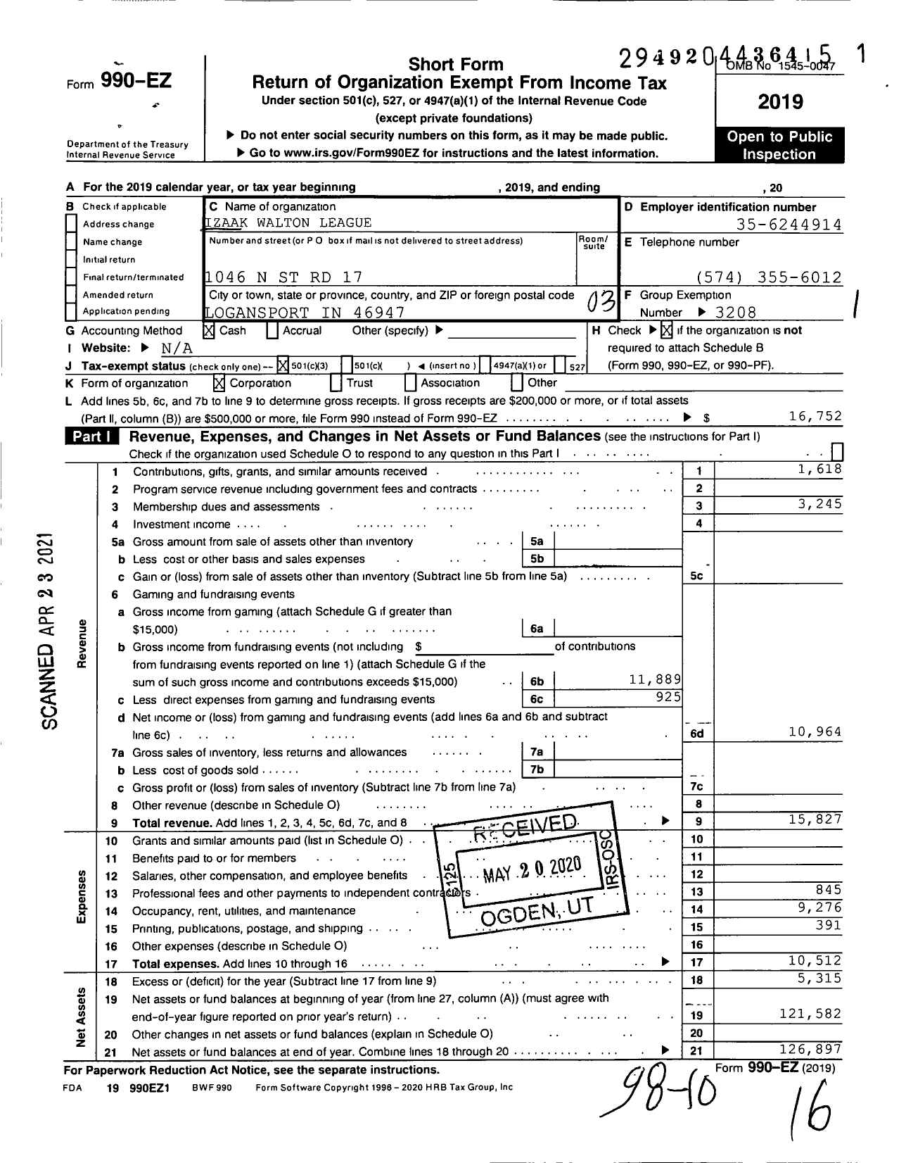 Image of first page of 2019 Form 990EZ for Izaak Walton League of America - 145 Cass County Chapter