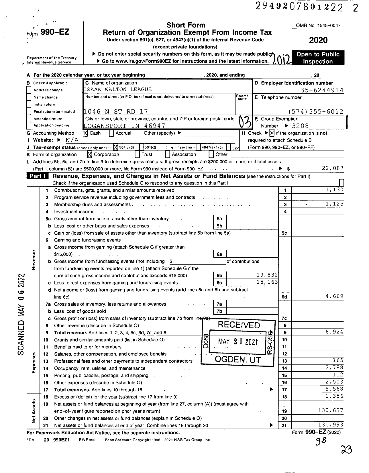 Image of first page of 2020 Form 990EZ for Izaak Walton League of America - 145 Cass County Chapter