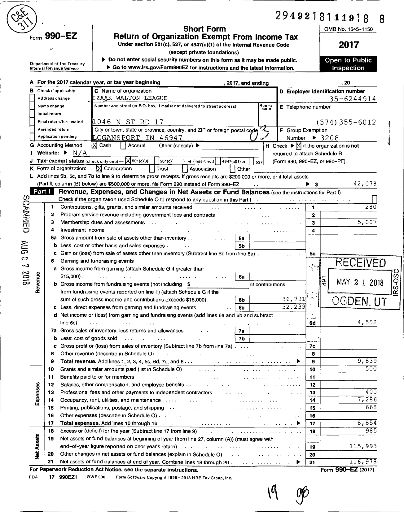 Image of first page of 2017 Form 990EZ for Izaak Walton League of America - 145 Cass County Chapter