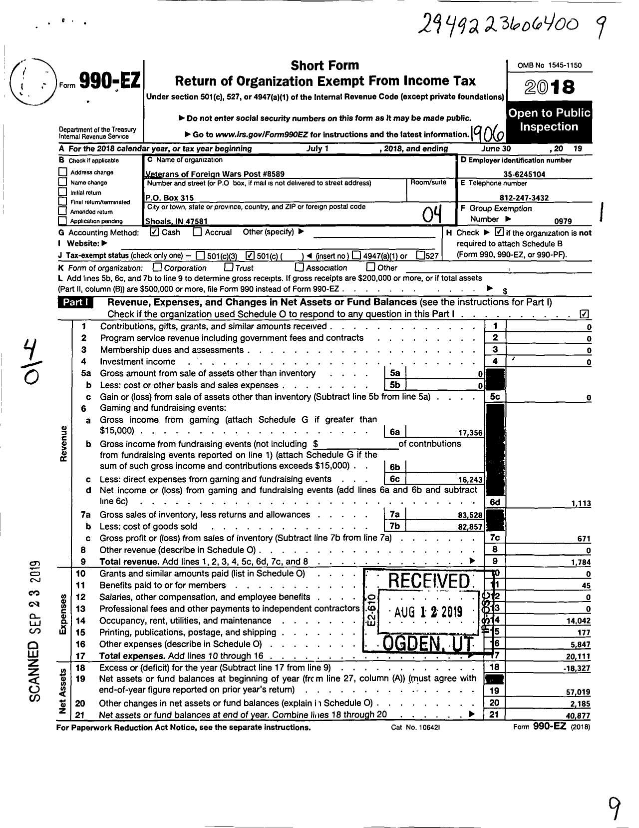 Image of first page of 2018 Form 990EO for VFW Department of Indiana - VFW Post 8589