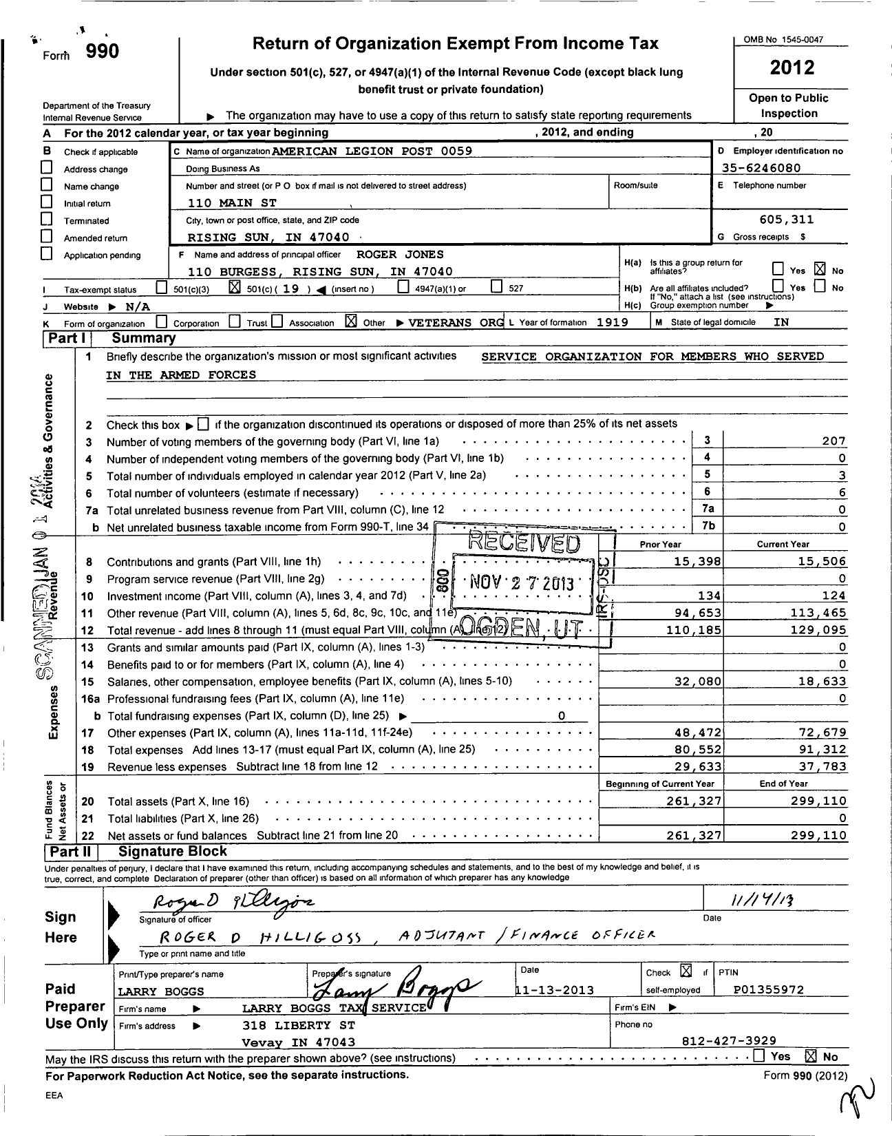 Image of first page of 2012 Form 990O for American Legion - Noah Obanion Post 59