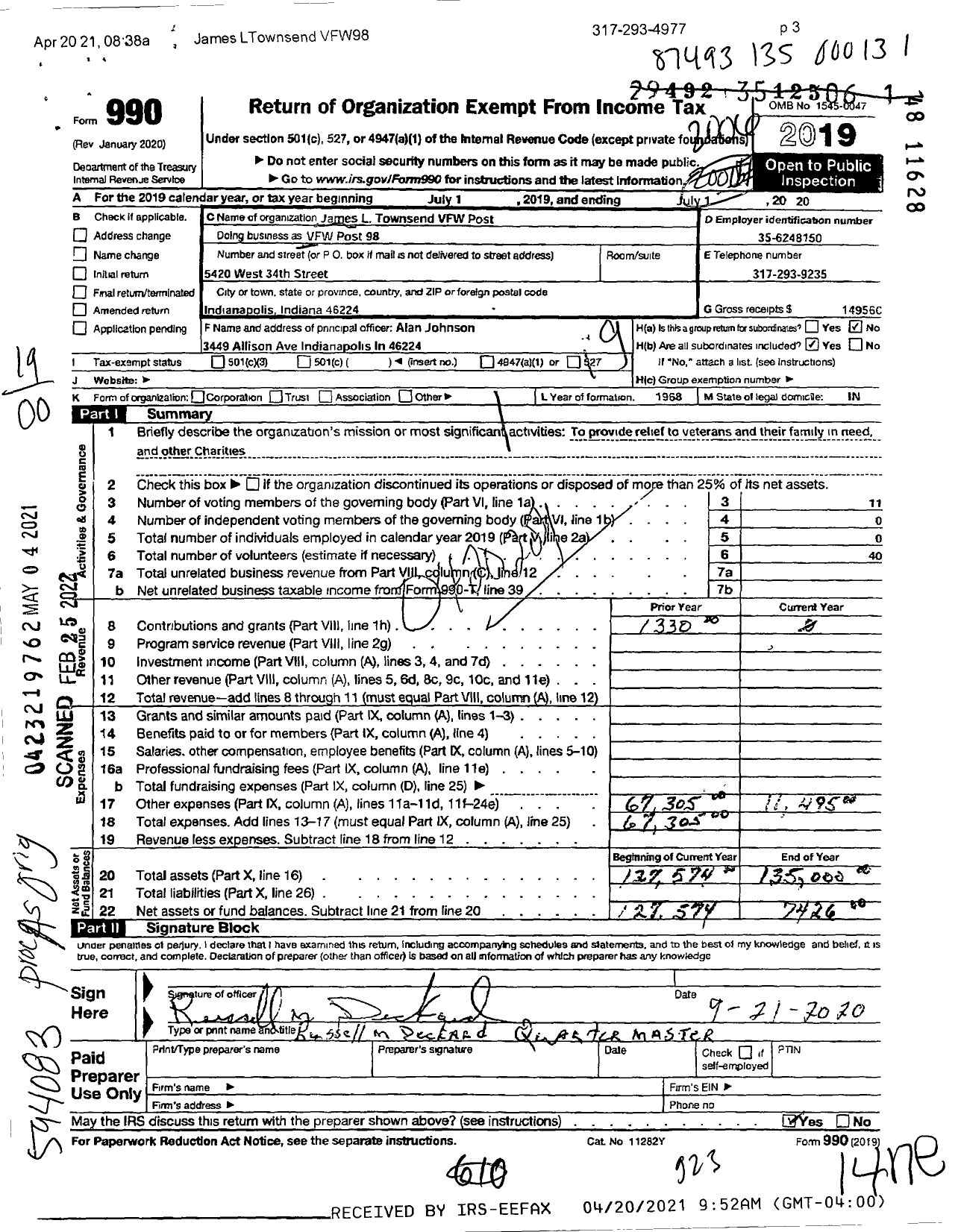 Image of first page of 2019 Form 990O for VFW Department of Indiana - 98 Vfw-Ind James L Townsend Post