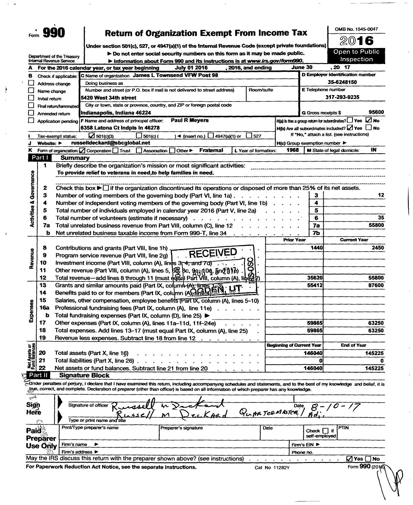 Image of first page of 2016 Form 990 for VFW Department of Indiana - 98 Vfw-Ind James L Townsend Post