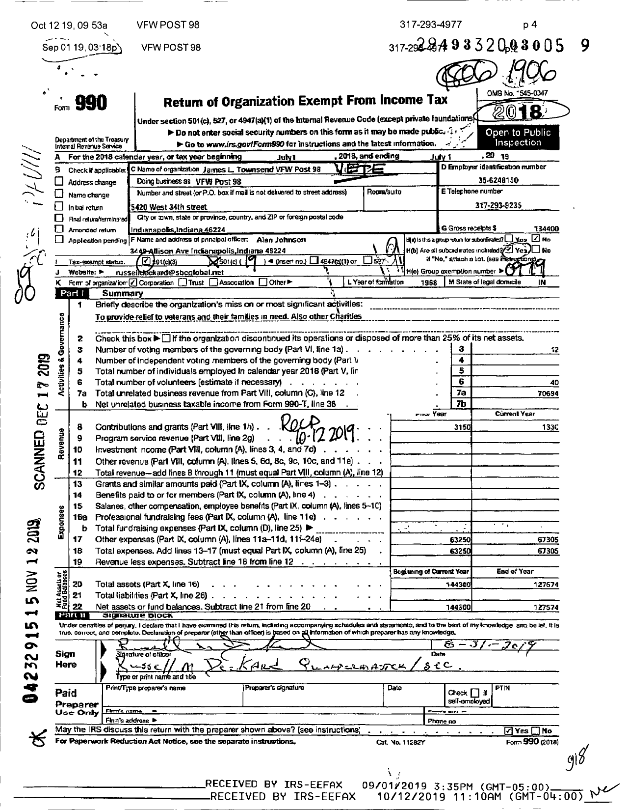 Image of first page of 2018 Form 990O for VFW Department of Indiana - 98 Vfw-Ind James L Townsend Post