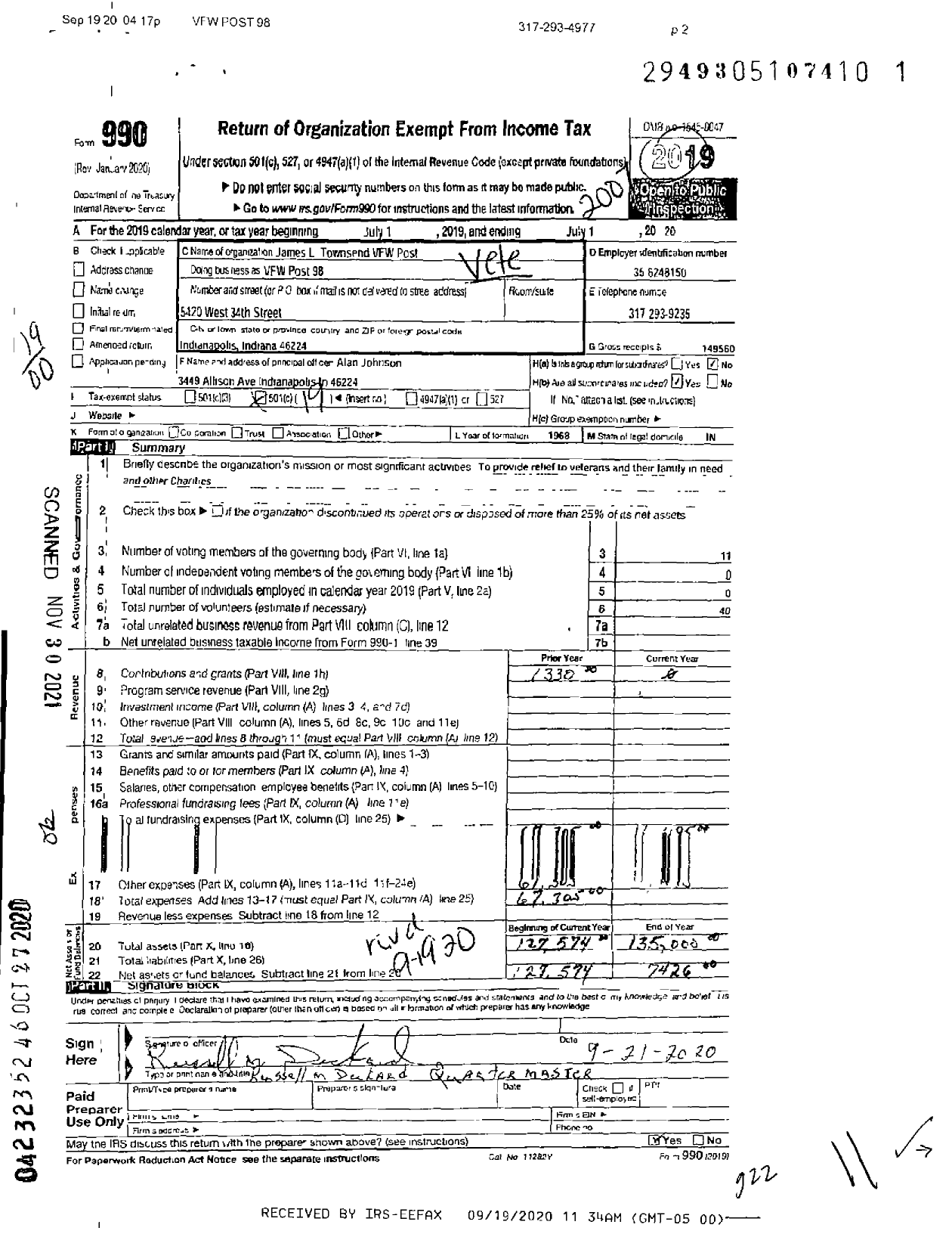 Image of first page of 2019 Form 990O for VFW Department of Indiana - 98 Vfw-Ind James L Townsend Post