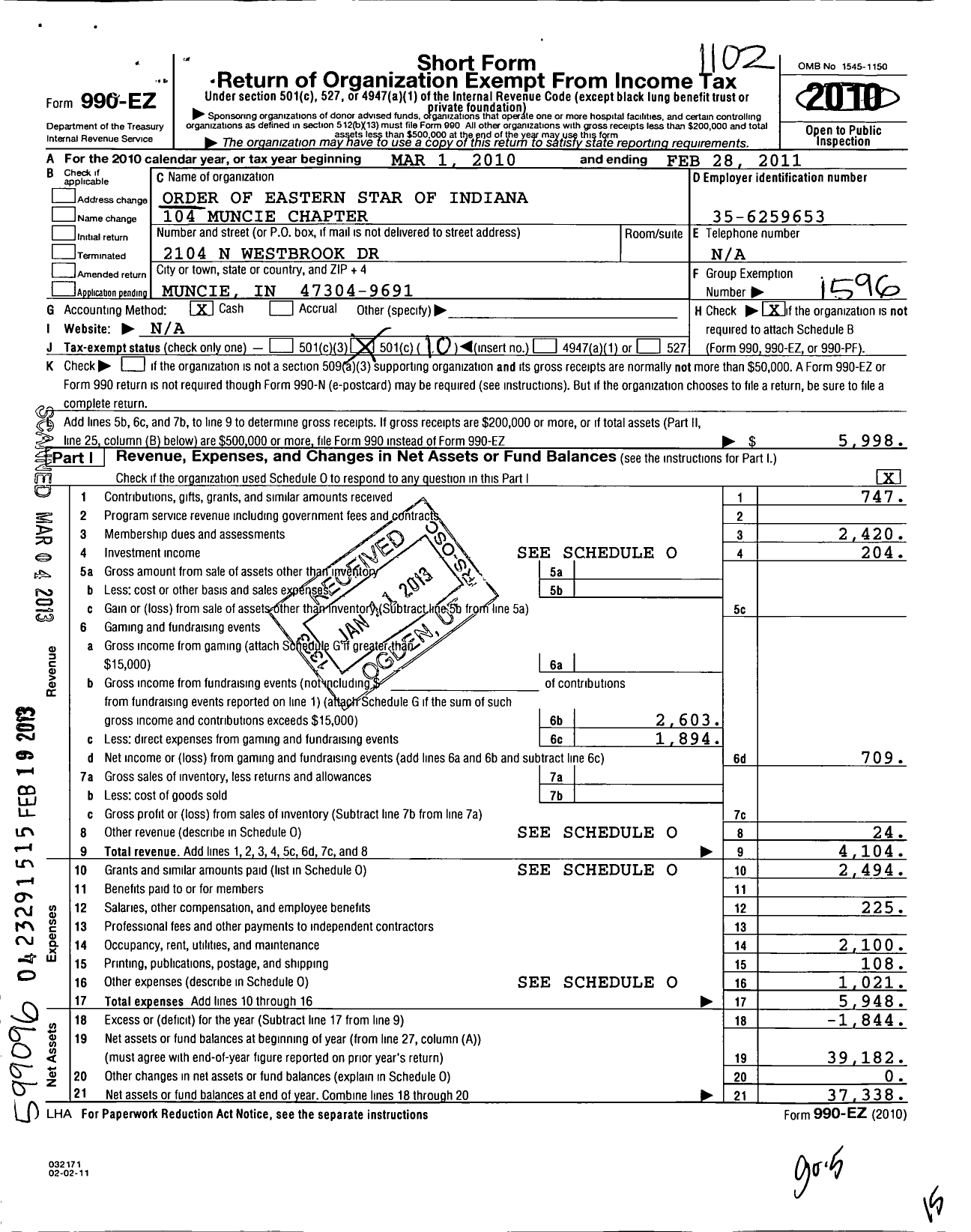 Image of first page of 2010 Form 990EO for Order of Eastern Star of Indiana - 104 Muncie Chapter