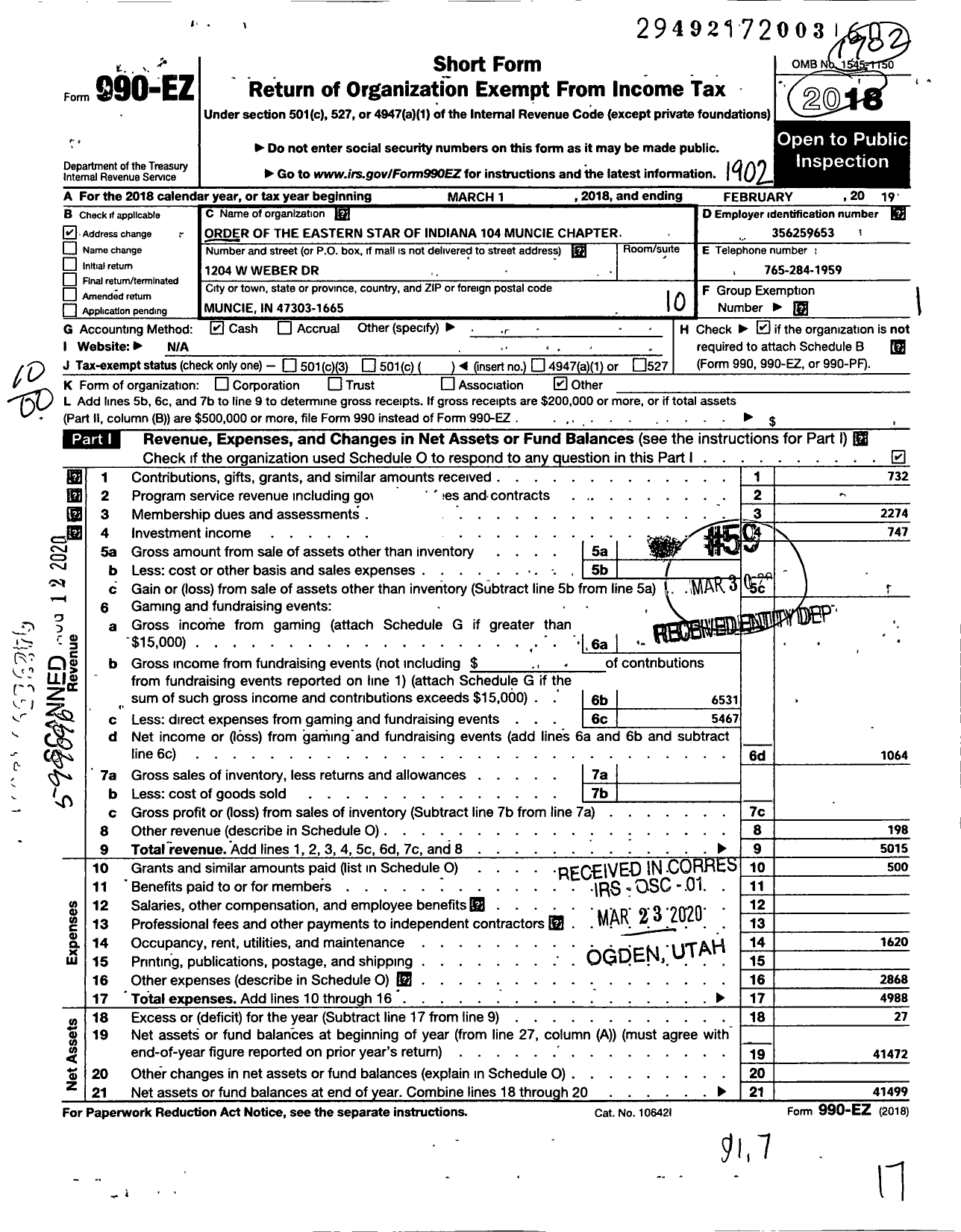 Image of first page of 2018 Form 990EO for Order of Eastern Star of Indiana - 104 Muncie Chapter